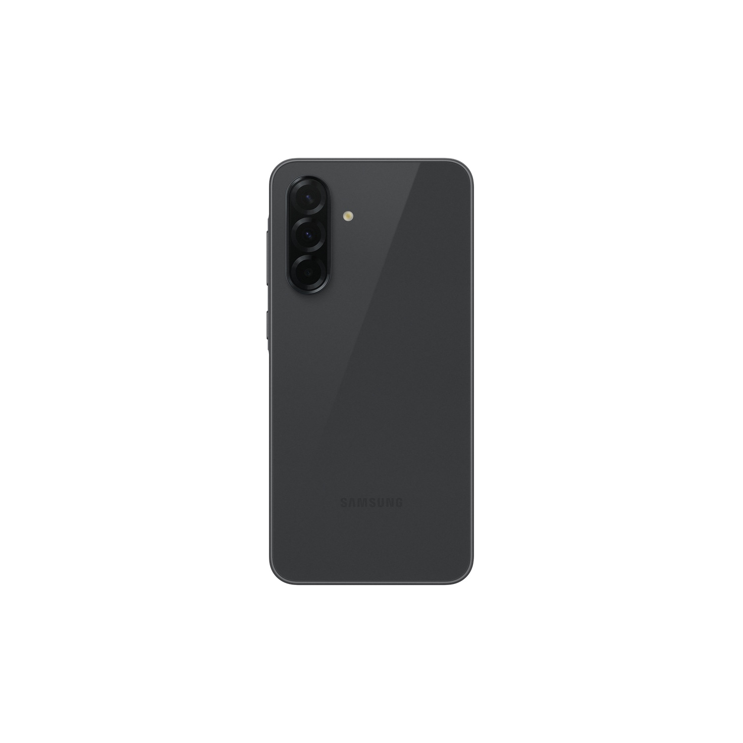 A dark gray smartphone with three cameras on a white surface.