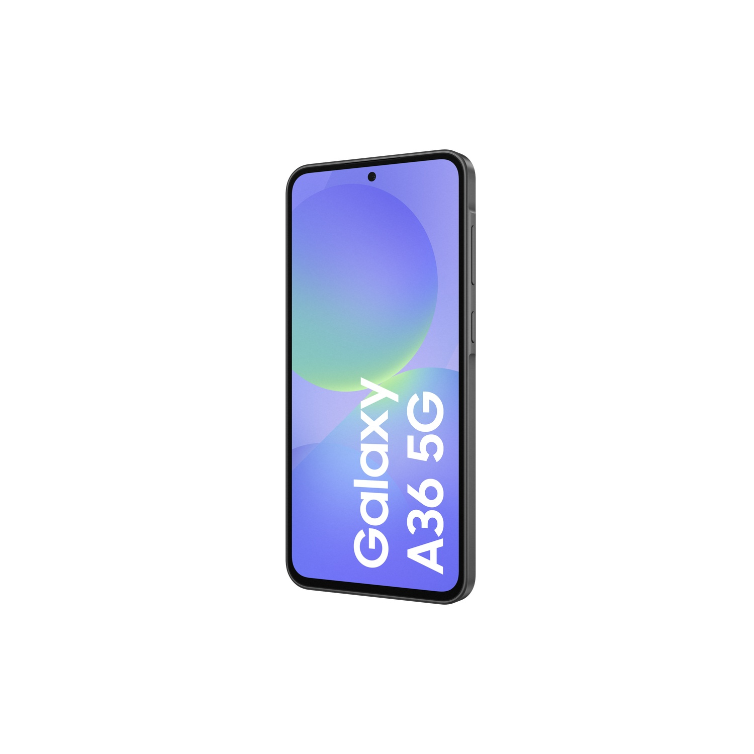 A dark grey Samsung Galaxy A36 5G phone is shown from the front. The screen displays a gradient and text.