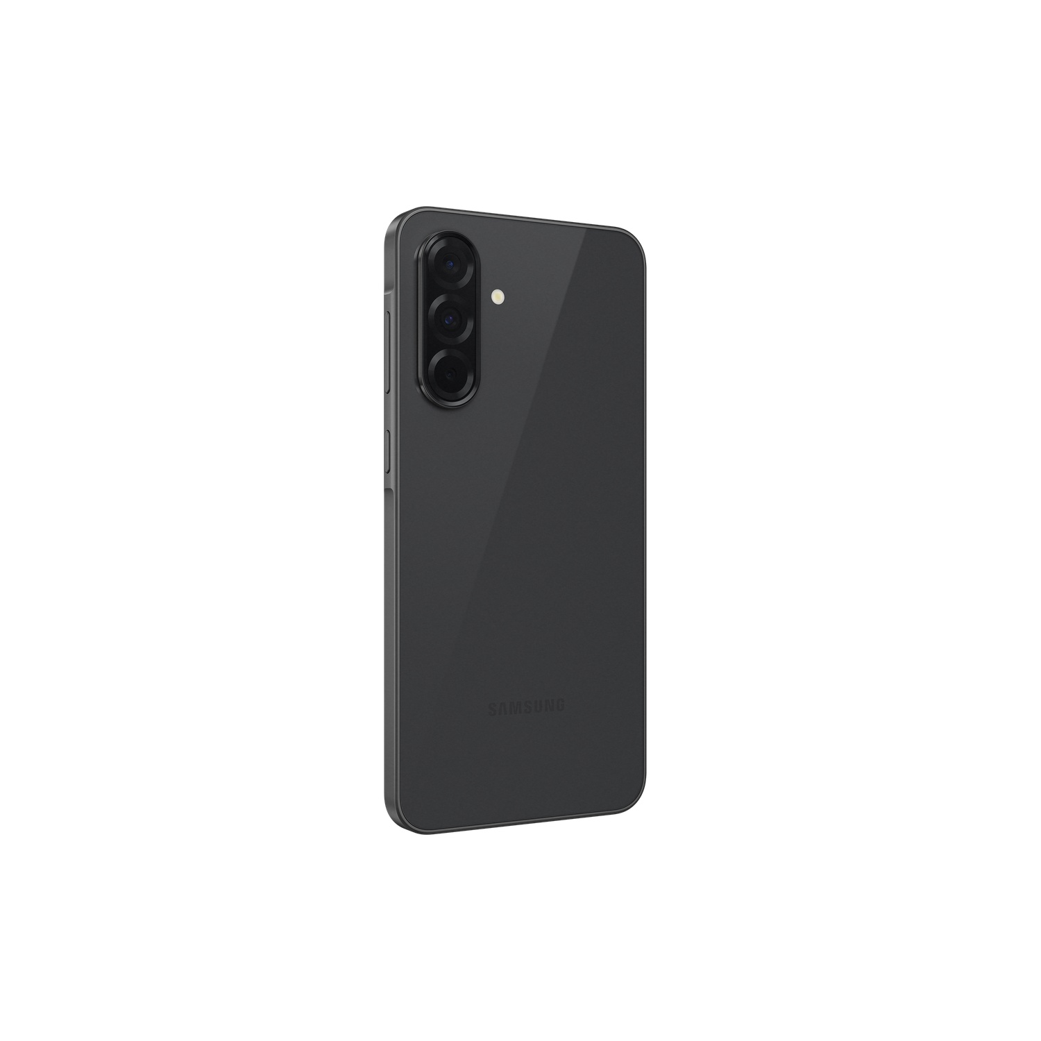 A black Samsung phone, back view, with three rear cameras. The phone has a glossy finish.