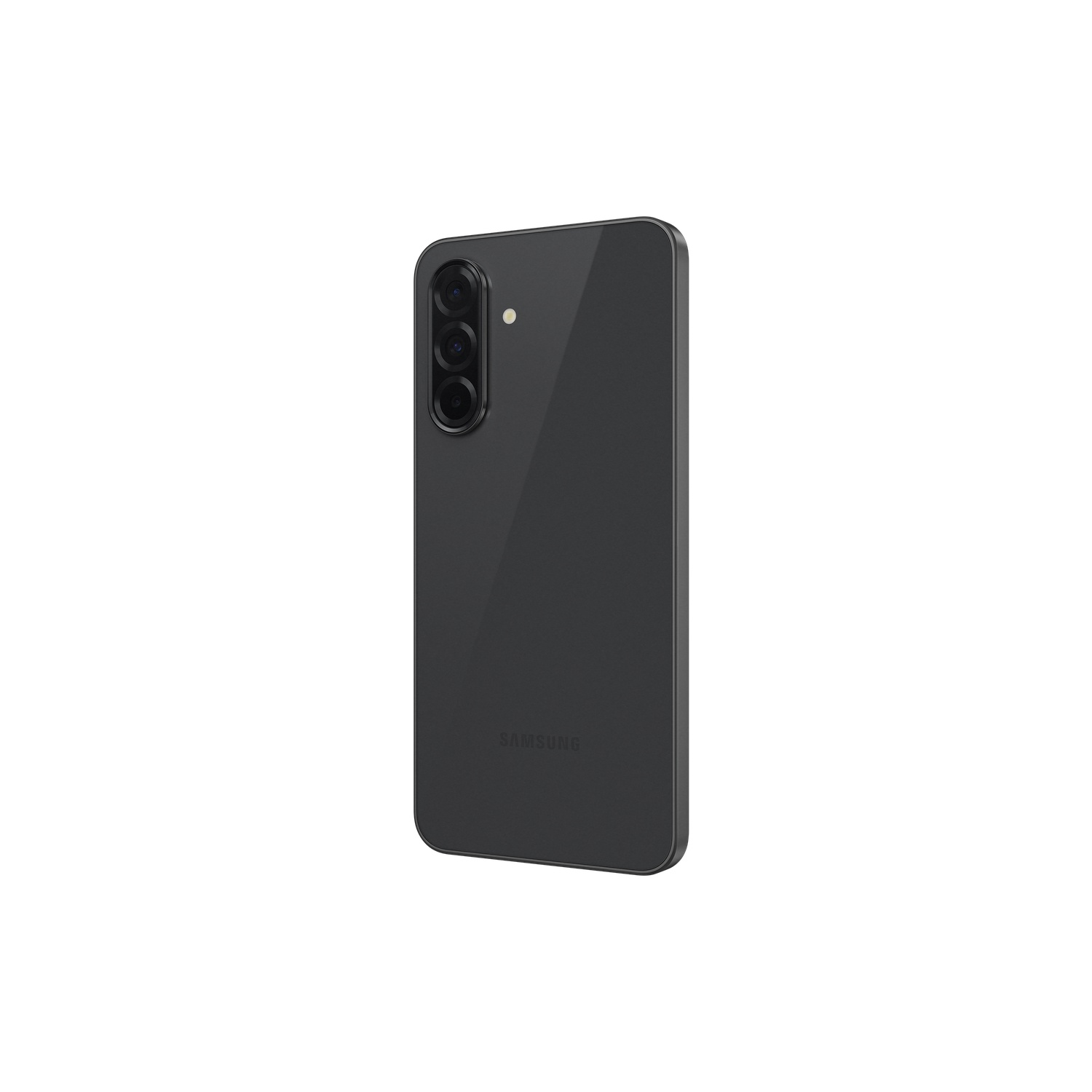 Black smartphone back with triple cameras and Samsung branding on black.
