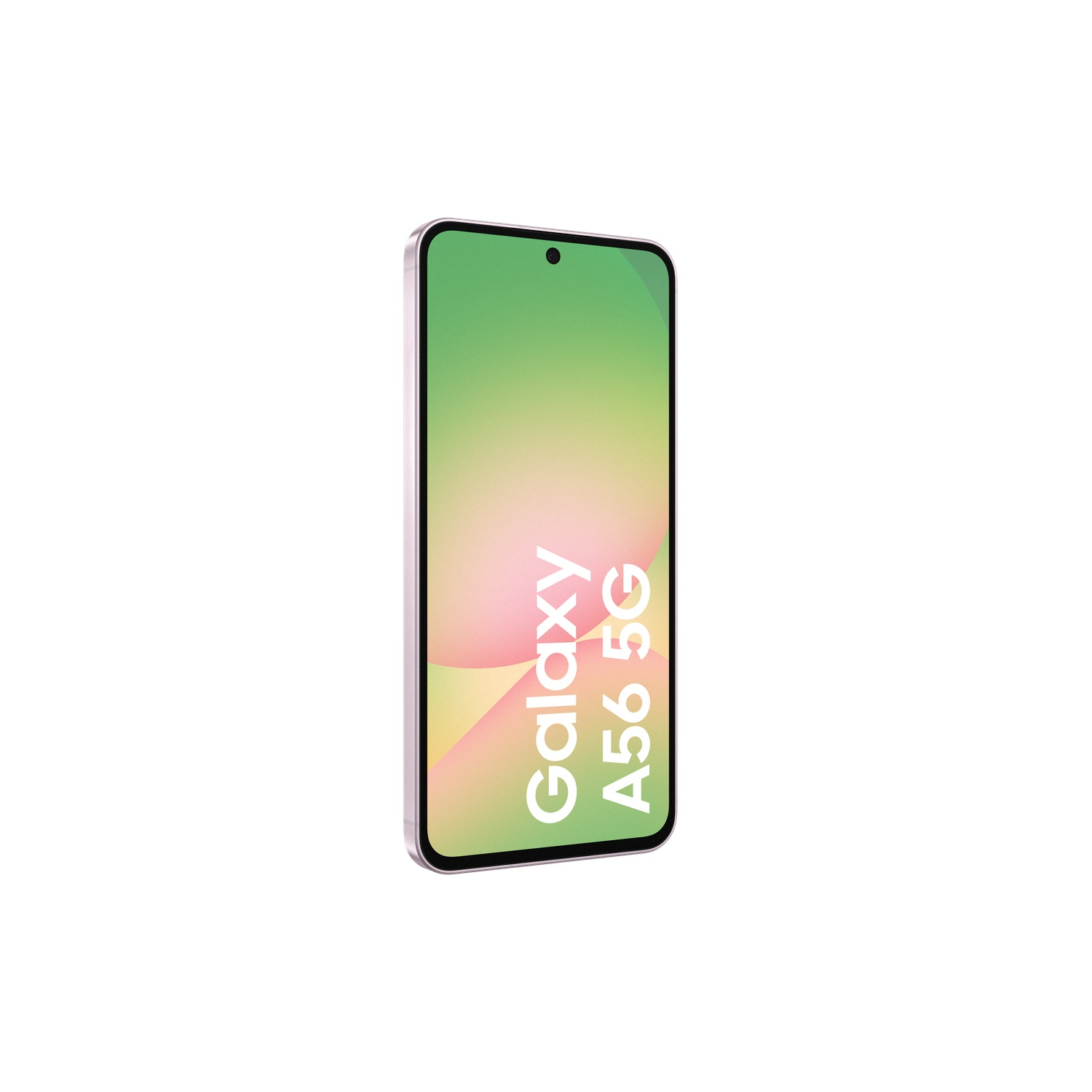 A pink smartphone with "Galaxy A56 5G" text on its screen, viewed from the side.