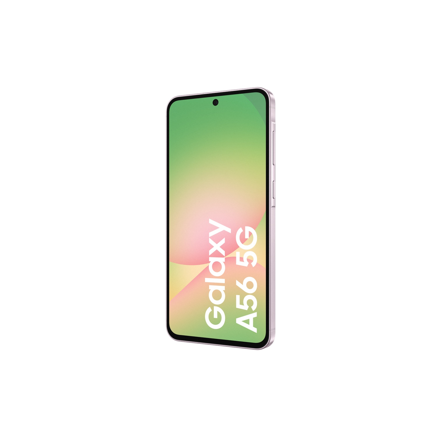 Smartphone in light purple, displaying 'Galaxy A56 5G' text, green background.