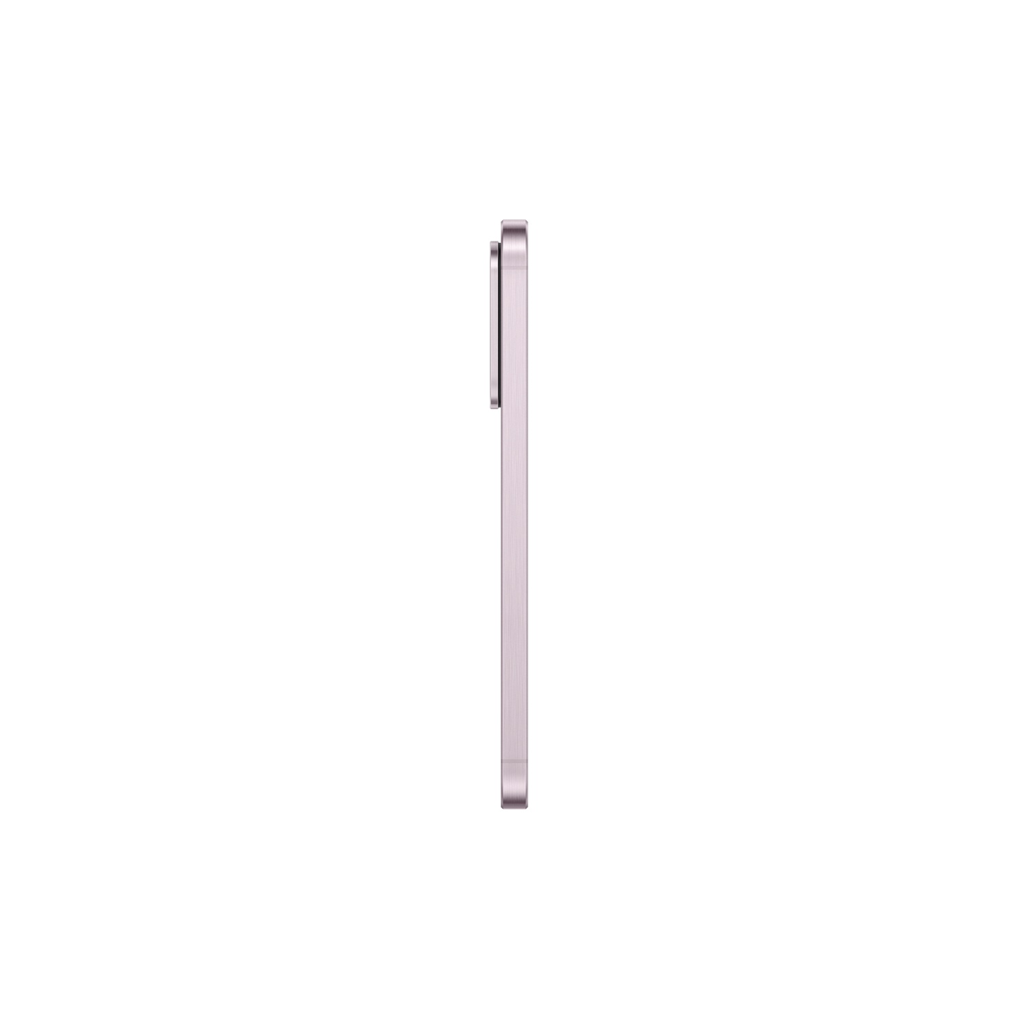 Side view of a lilac-colored smartphone with camera and white background.