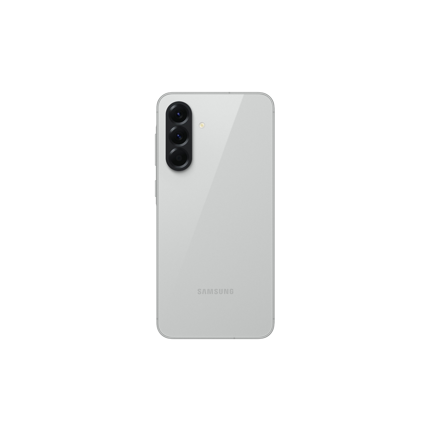 De achterkant van een lichtgrijze Samsung-telefoon. Het heeft drie camera's en het Samsung-logo.