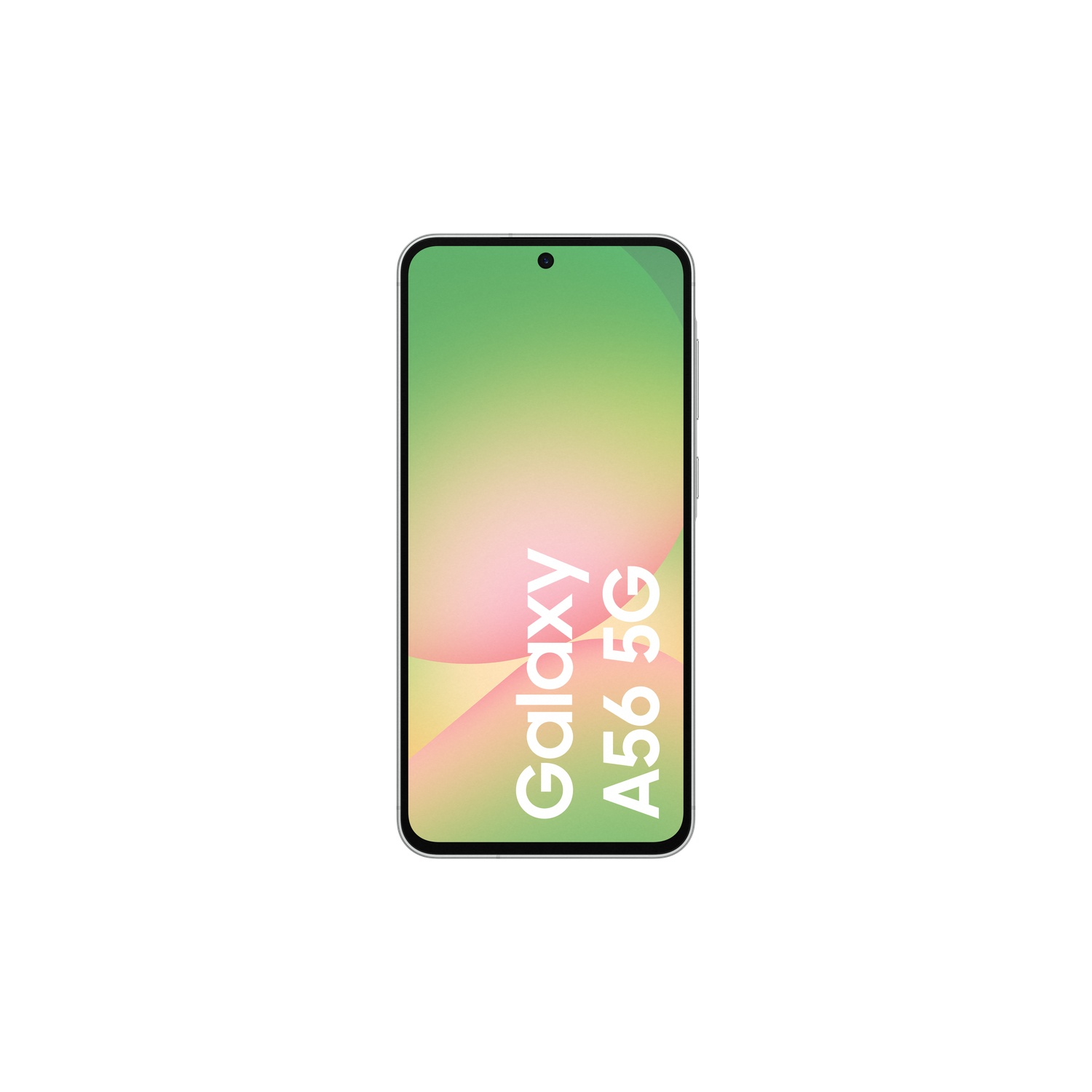 Samsung Galaxy A56 5G smartphone met een groen en roze scherm.