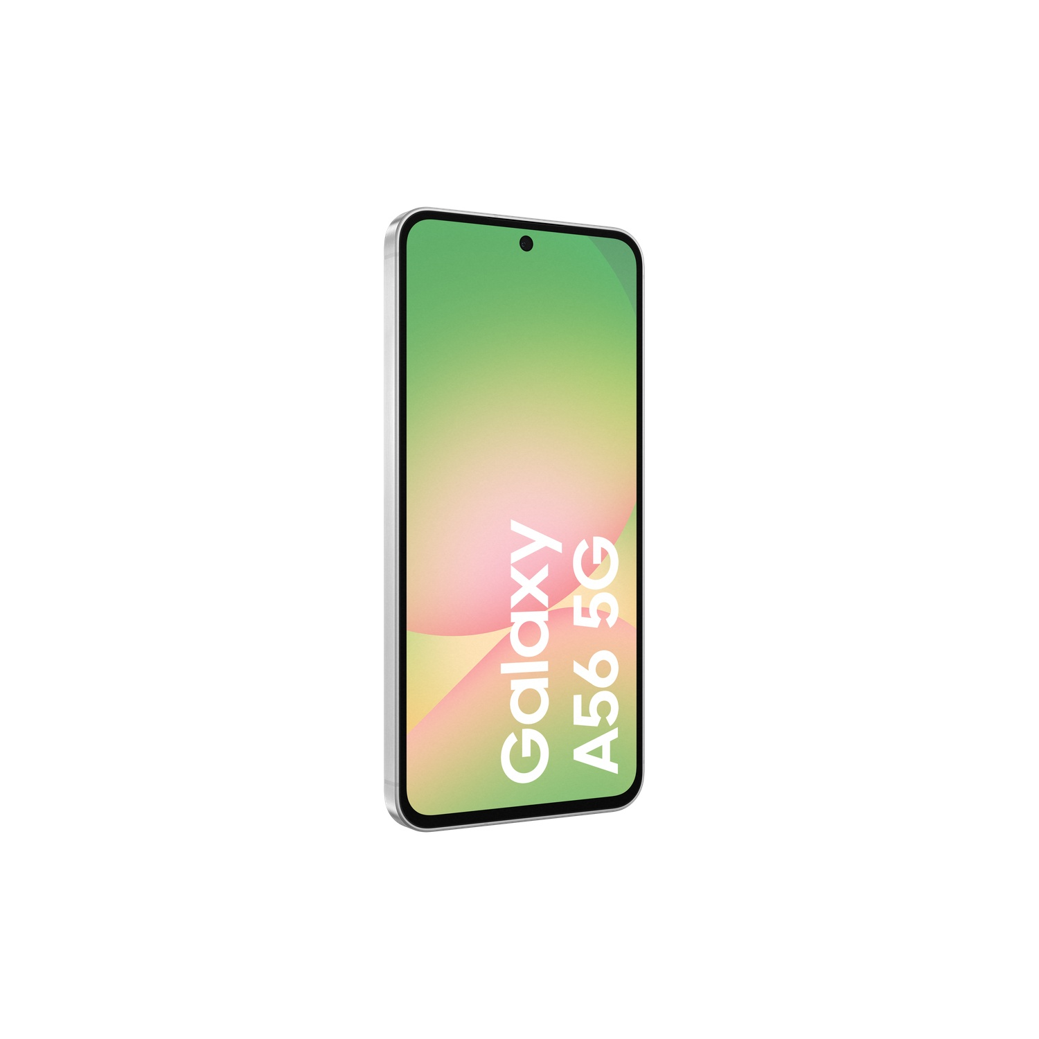 Een zilveren telefoon met een groen scherm wordt weergegeven op een witte achtergrond. Op het scherm staat Galaxy A56 5G.