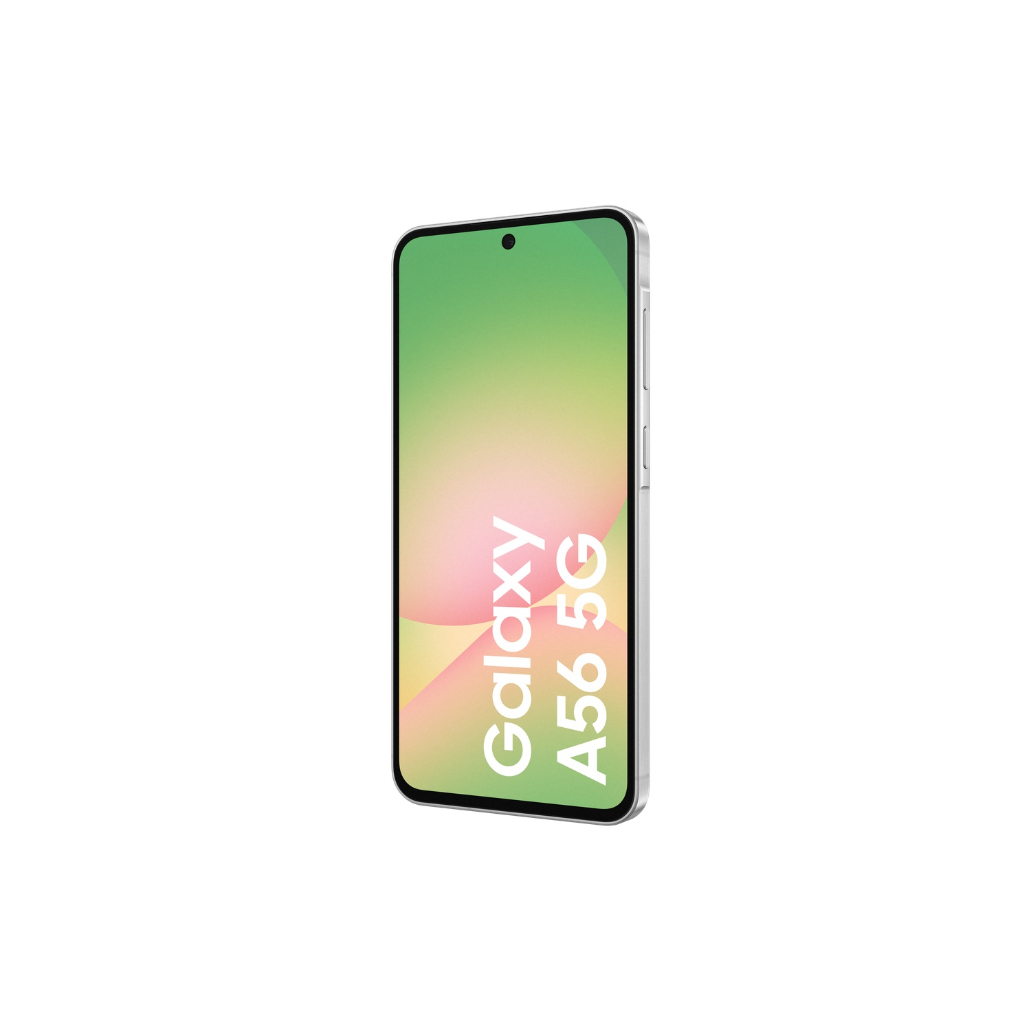 Een zilveren telefoon met een groen scherm met 'Galaxy A56 5G'.