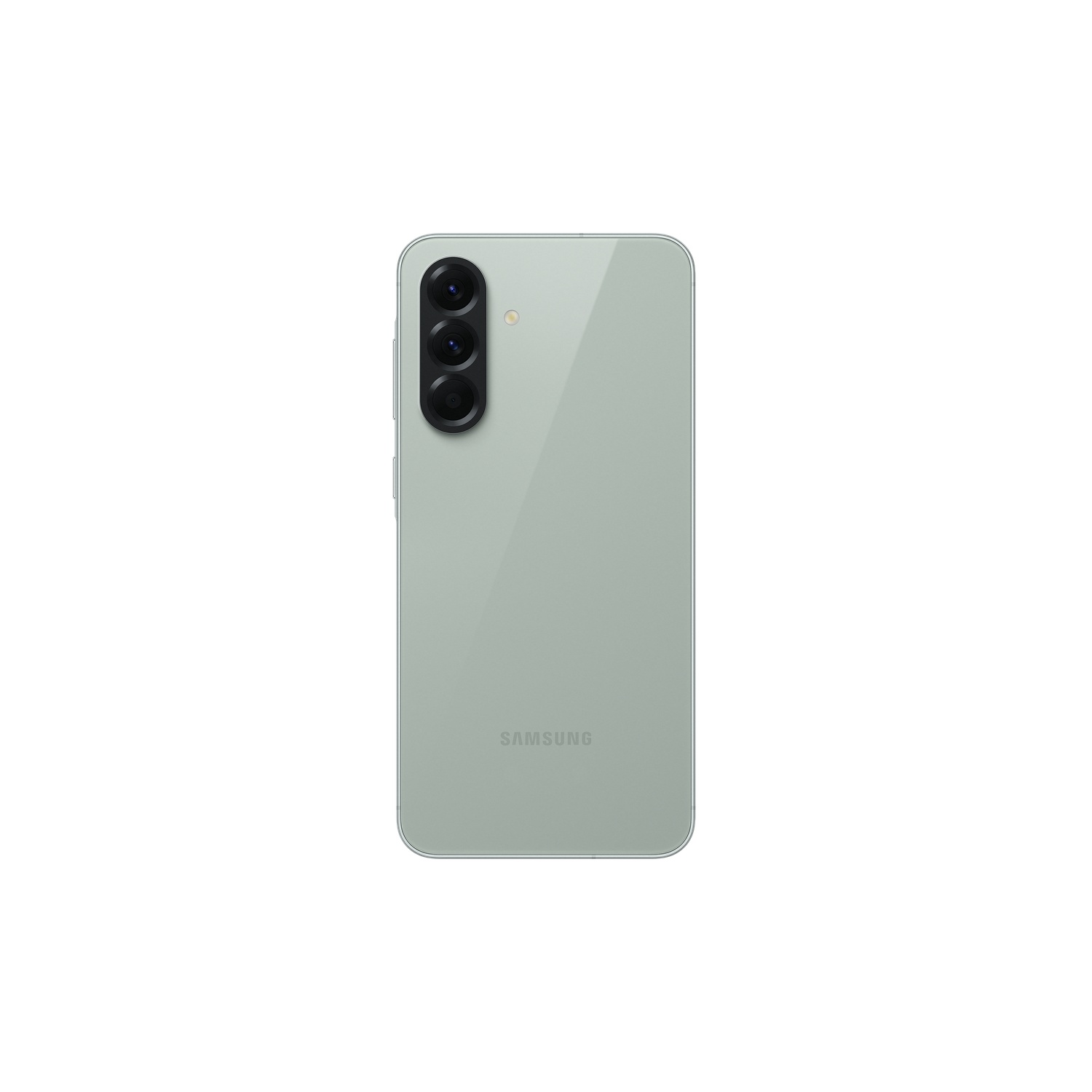 The back of a light green Samsung phone. It has three cameras and the Samsung logo.