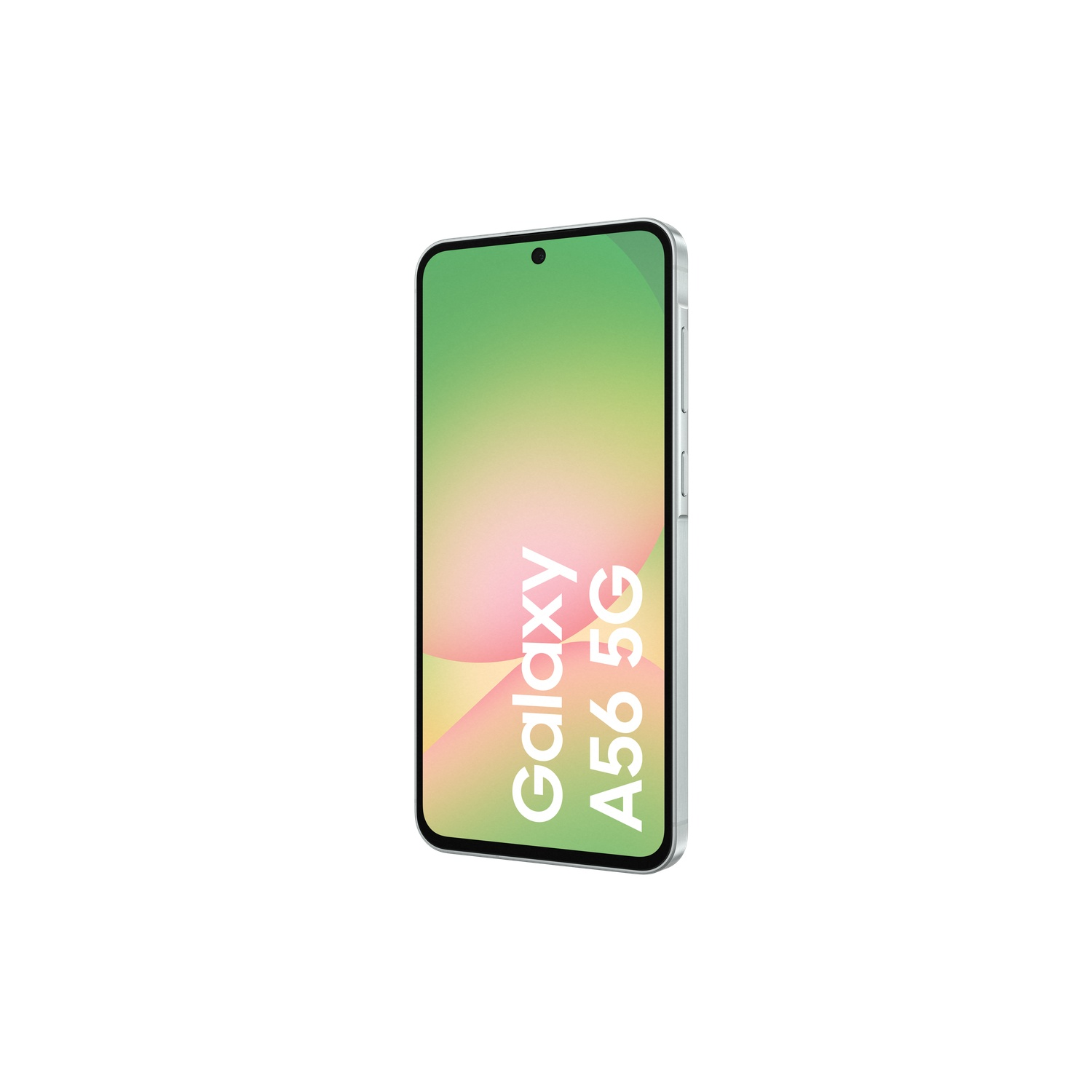 A silver smartphone displaying 'Galaxy A56 5G' on a gradient green background.