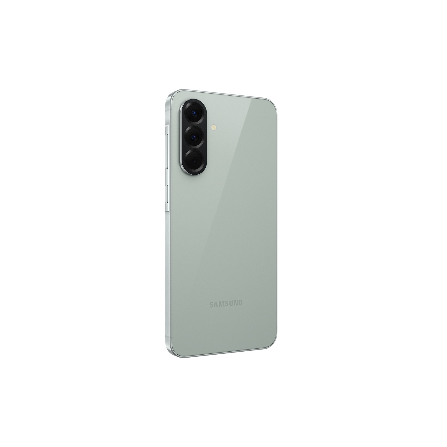 A light green phone with three rear cameras, a silver frame, and a white background.