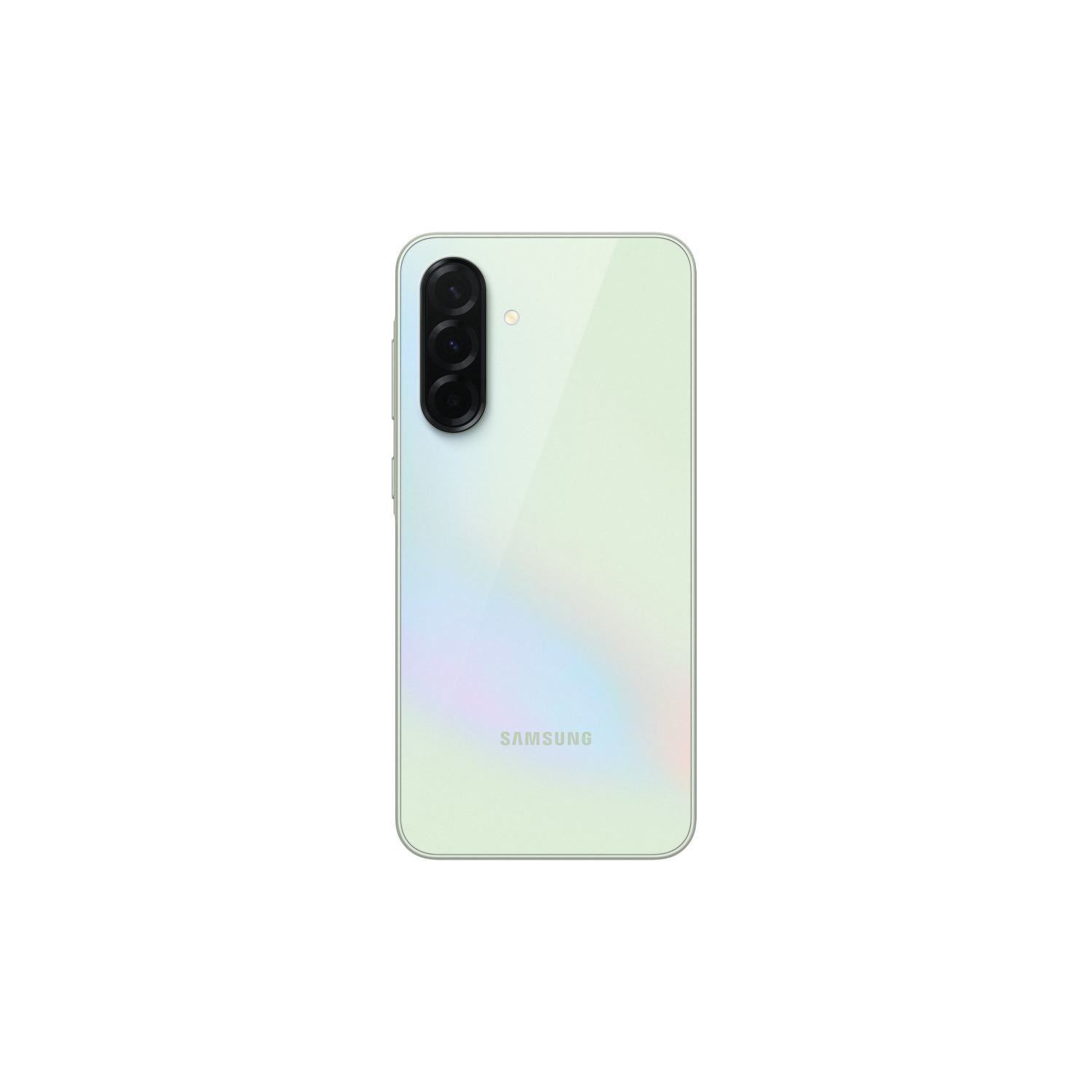 Achteraanzicht van een witte telefoon met drie camera's. De telefoon staat tegen een zwarte achtergrond.