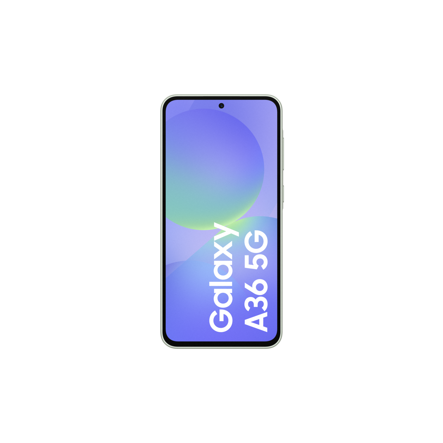 Een smartphonescherm toont de tekst "Galaxy A36 5G" op een blauwe achtergrond.