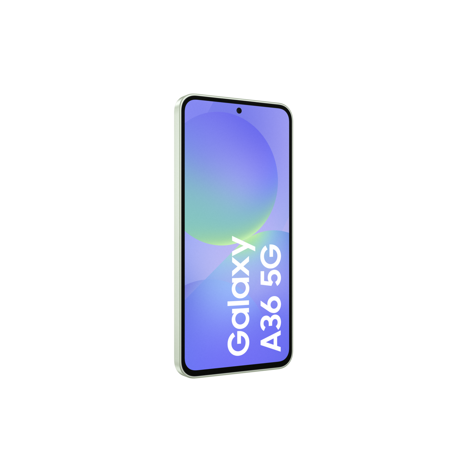 Smartphone, schuine weergave. Galaxy A36 5G tekst op scherm, zwarte rand, groene tint.