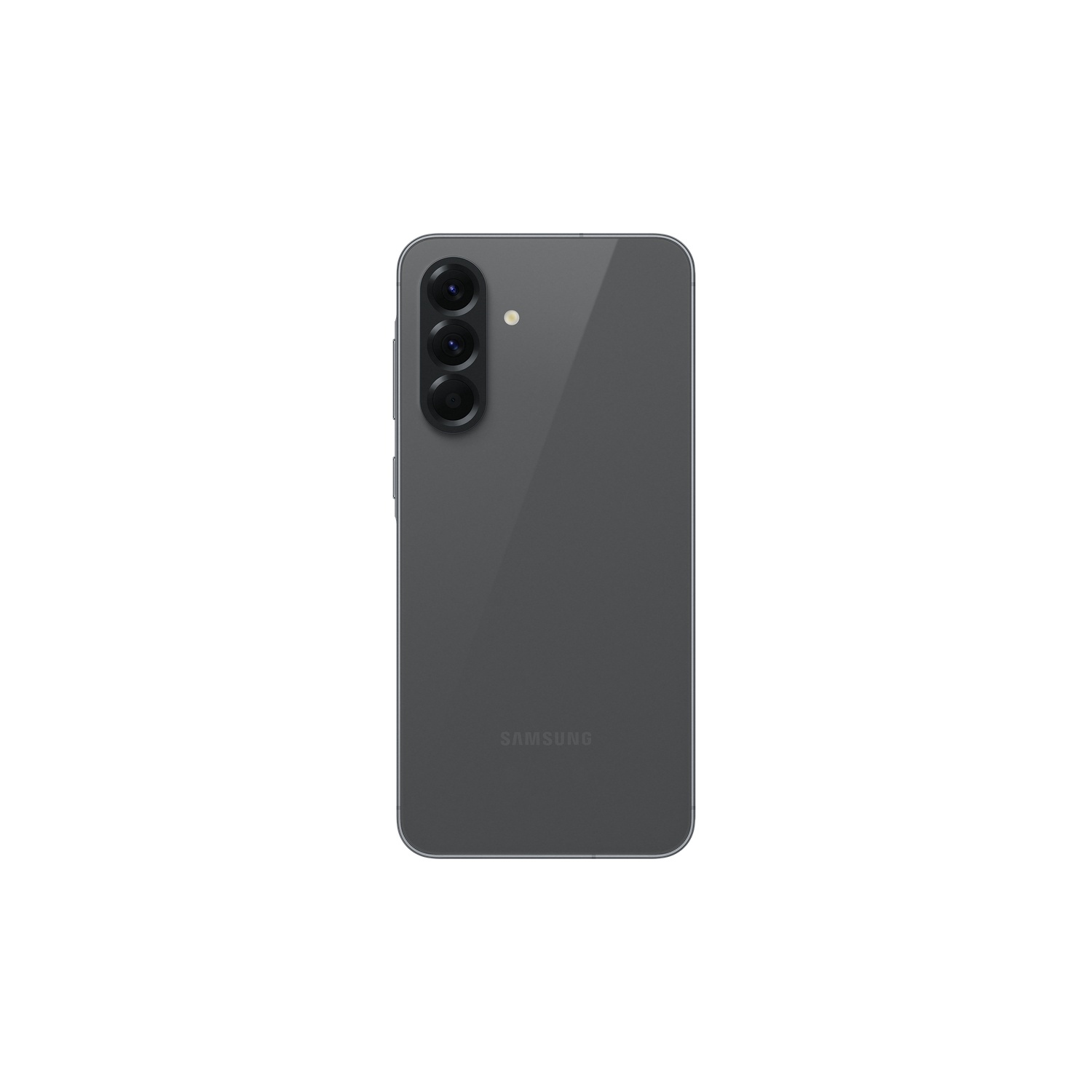 A grey smartphone back, with three camera lenses, and a flash.