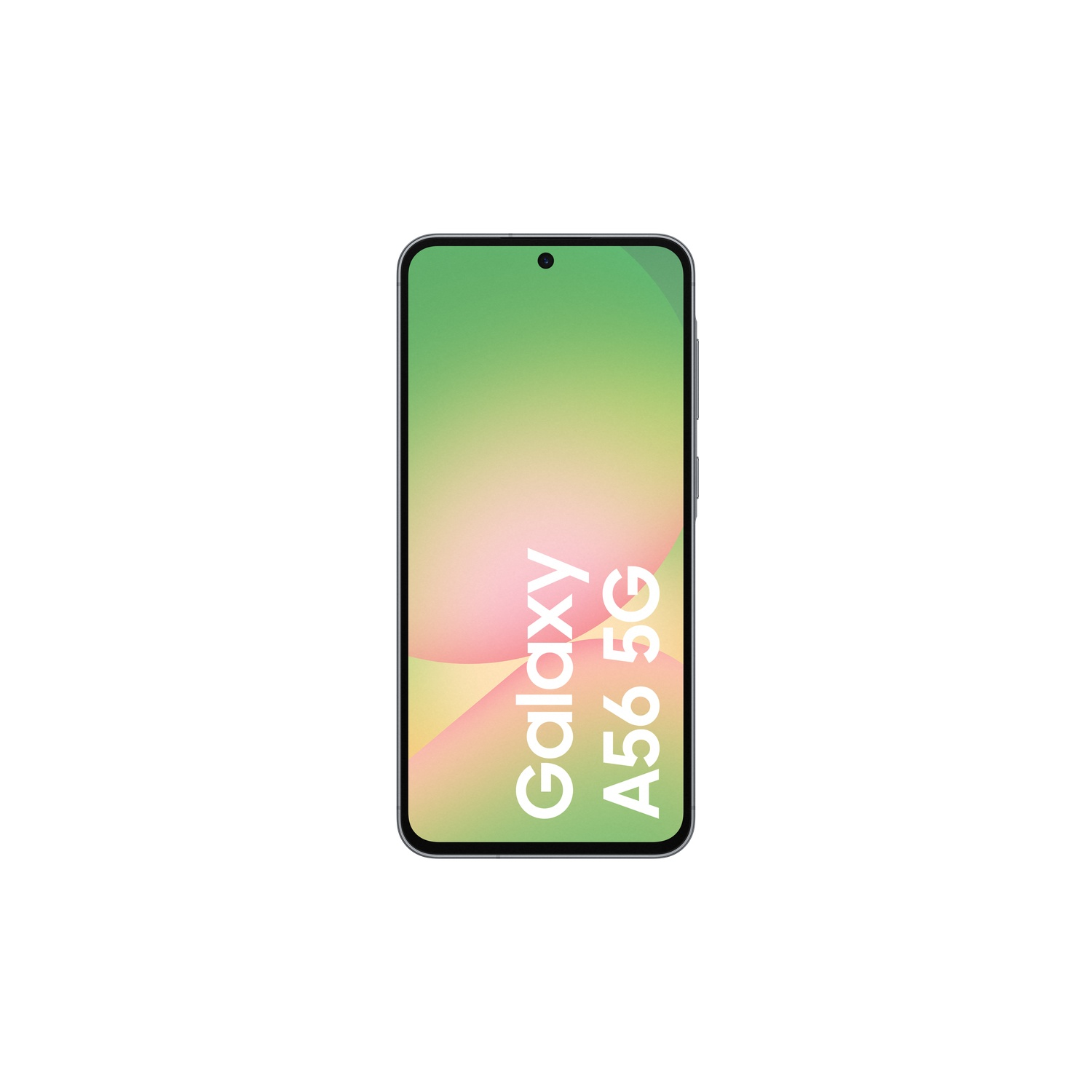 A dark grey Samsung Galaxy A56 5G phone is shown from the front. The screen displays a gradient and text.
