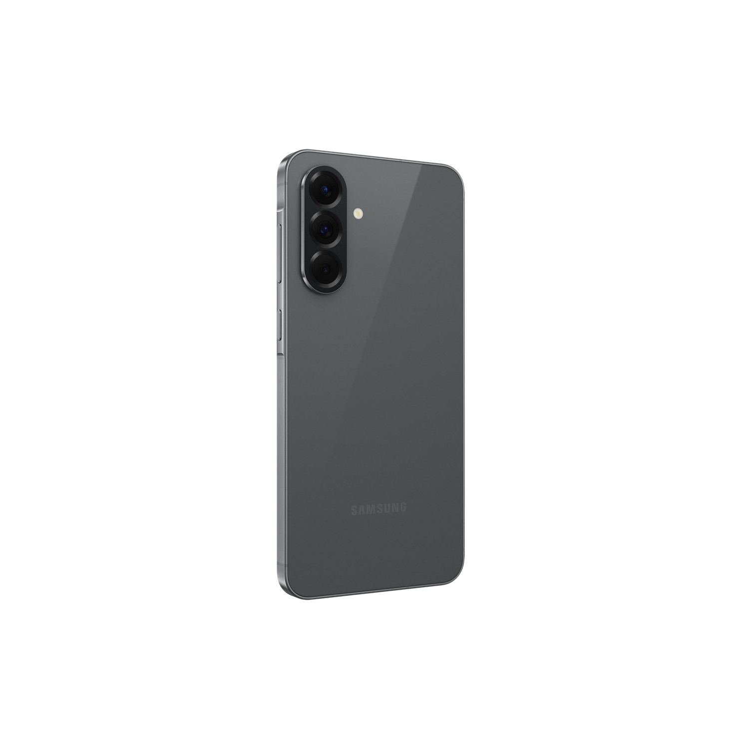 A grey phone from the back. It has three cameras in a vertical line.