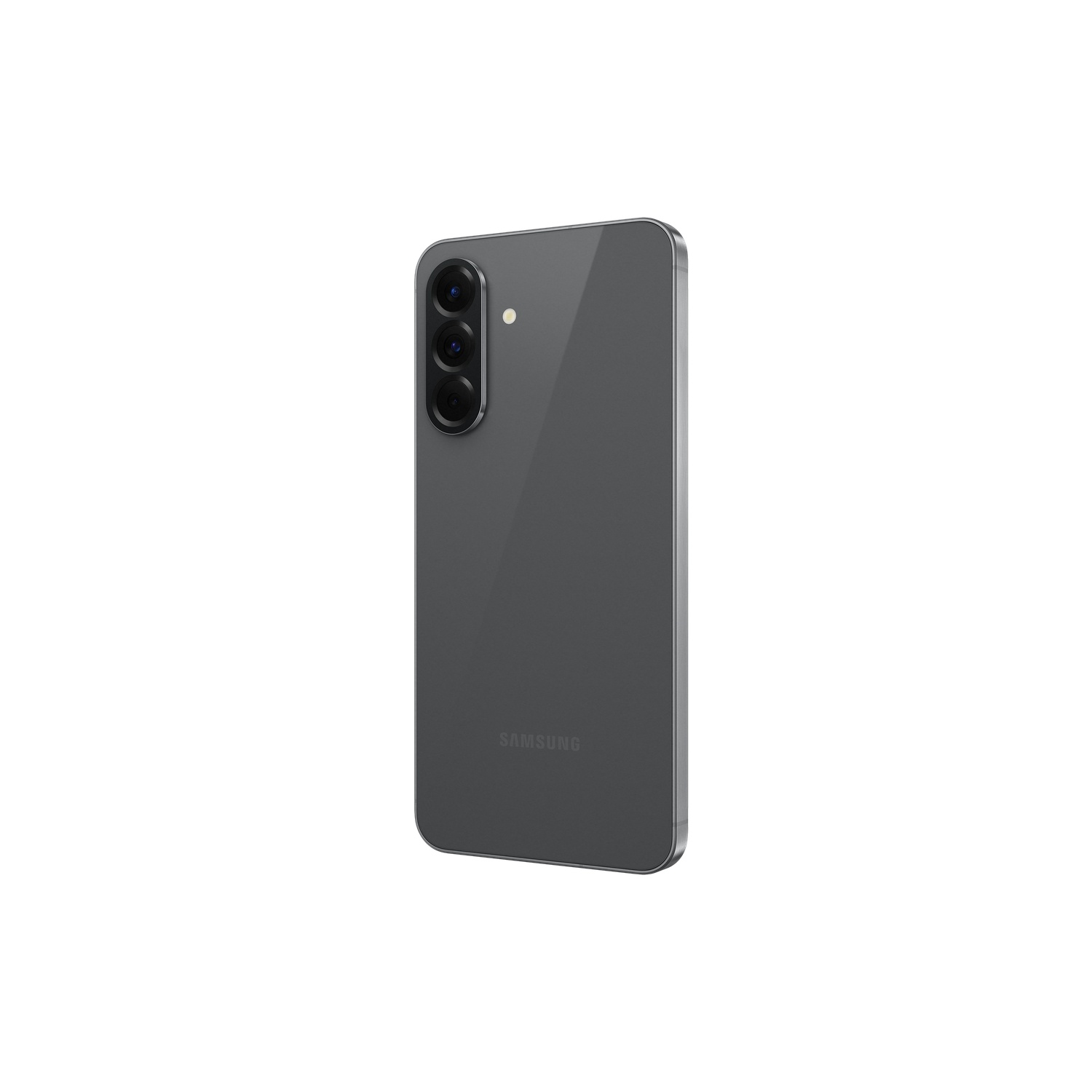 Back of a dark gray Samsung Galaxy S23 phone with cameras.