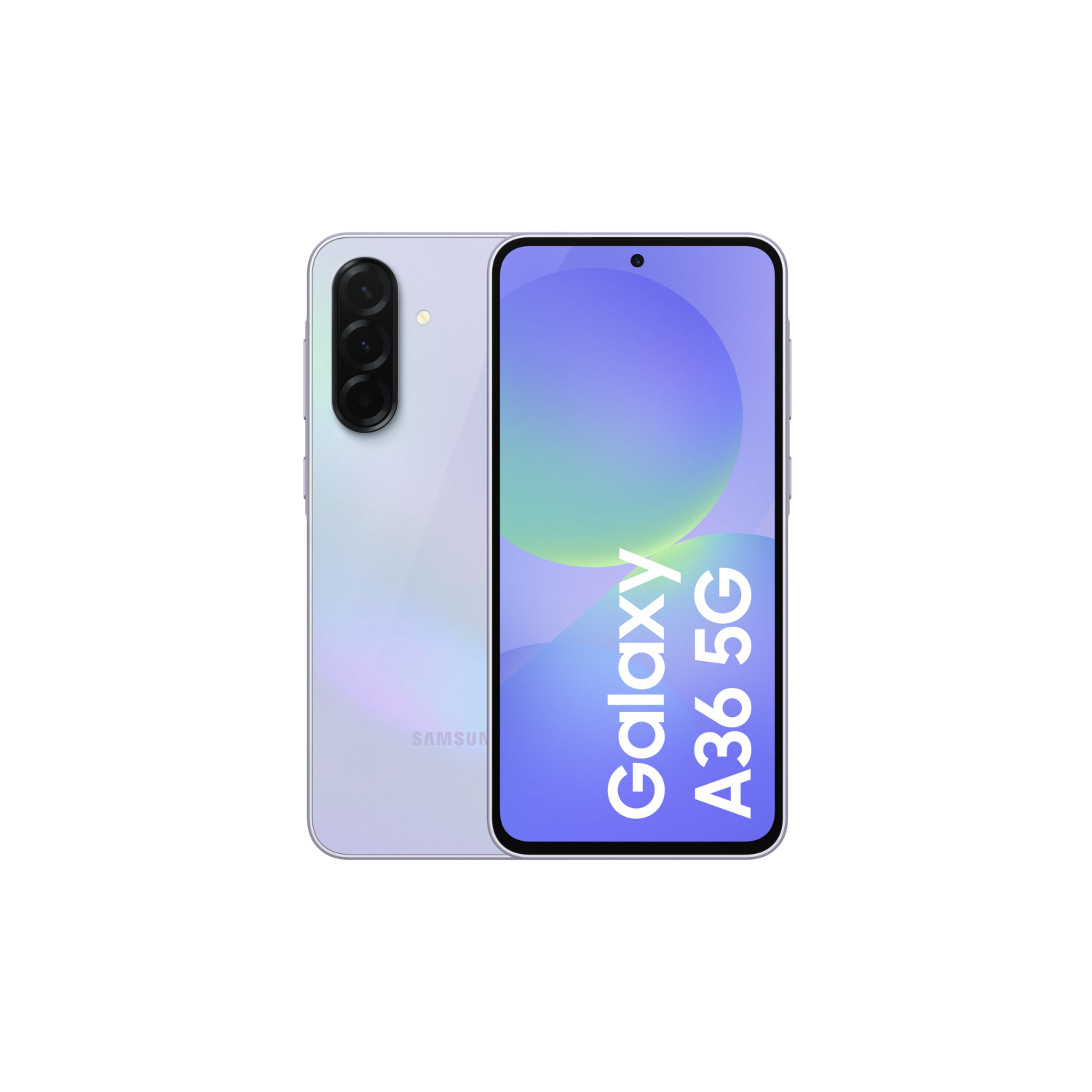 Een witte en paarse smartphone met drie camera's aan de achterkant en het Galaxy A36 5G logo.