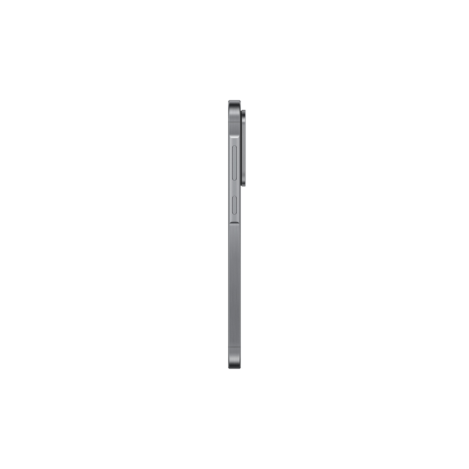 Side view of a gray smartphone on a white background.