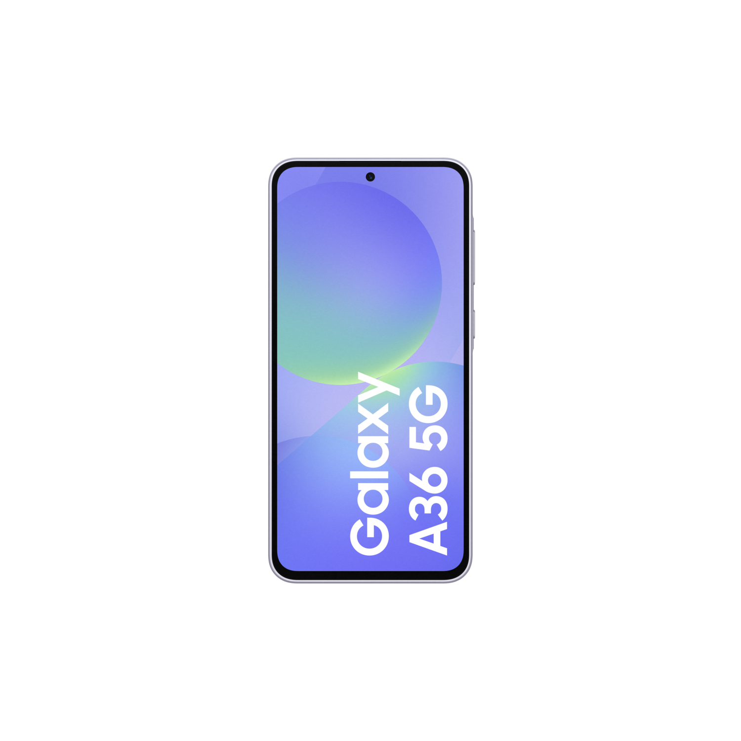 Smartphone scherm met de tekst 'Galaxy A36 5G' op zwarte achtergrond.