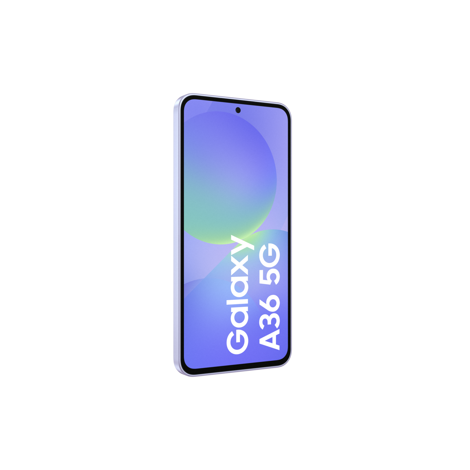 Een witte Samsung Galaxy A36 5G-telefoon, met een paars en groen scherm. Op een zwarte achtergrond.