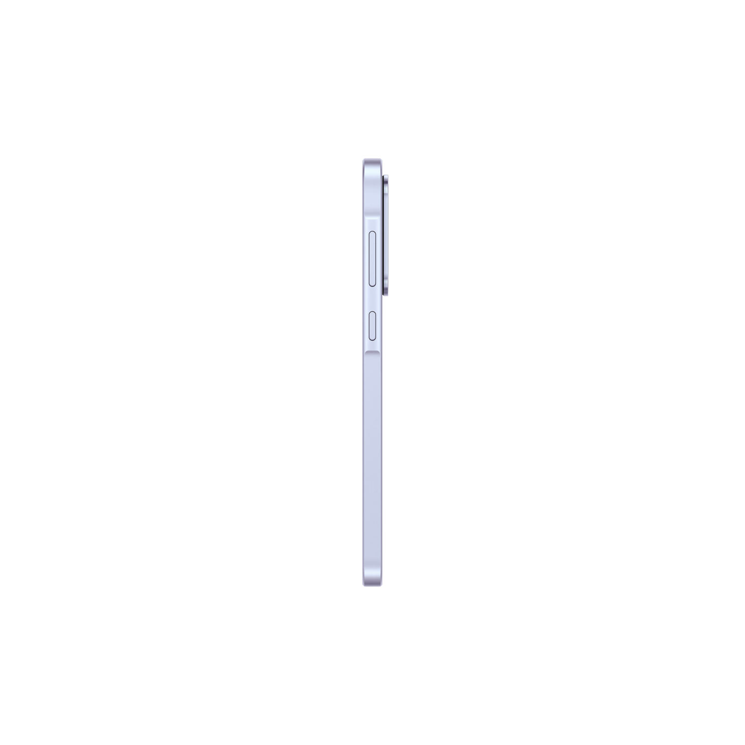 Zijaanzicht van een lichtpaarse smartphone op een zwarte achtergrond.