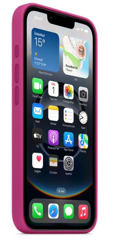 Hava durumu ve uygulamaları gösteren bir ekranı olan pembe bir iPhone. Beyaz zemin.