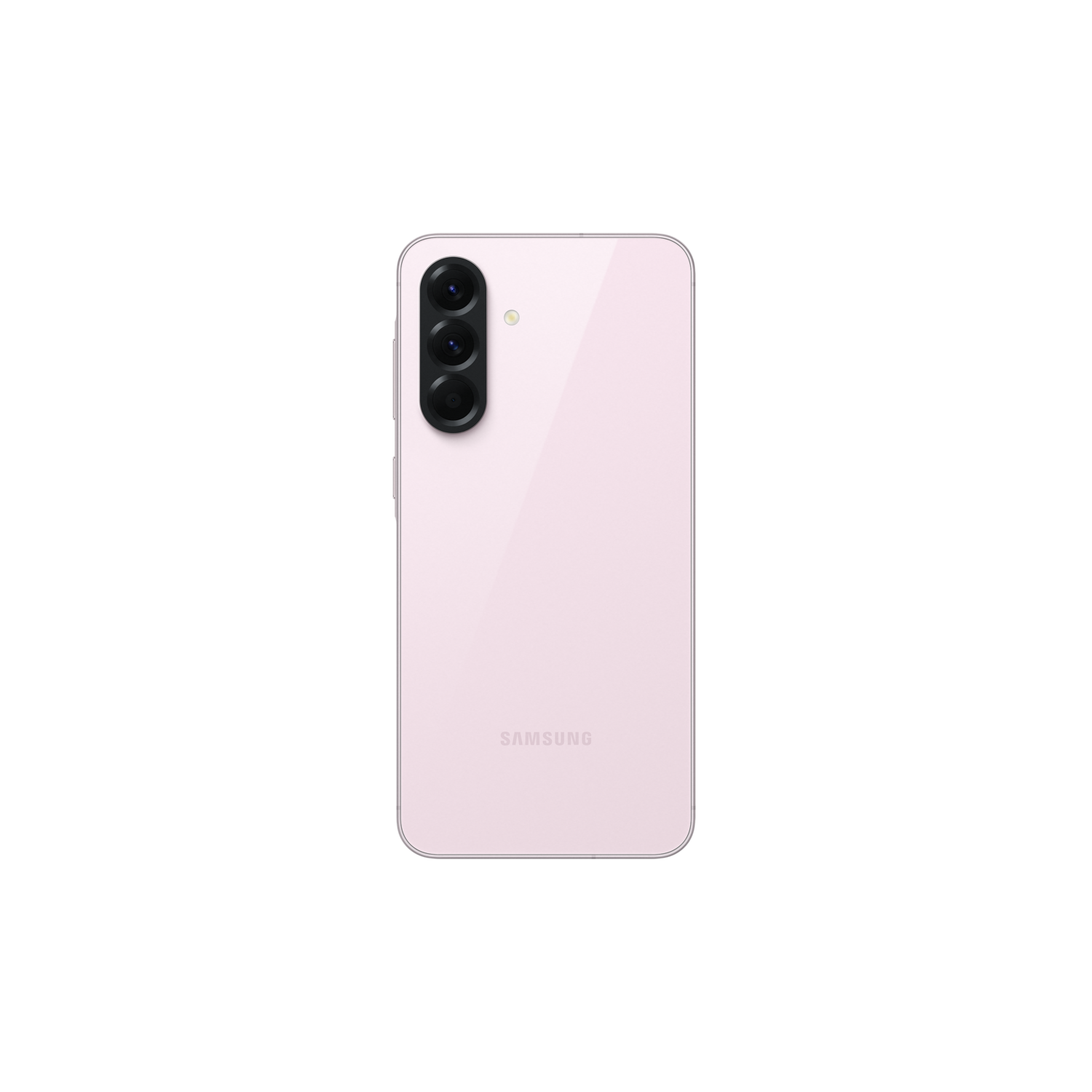 A pink phone on a black background. The back of the phone has three cameras and the Samsung logo.