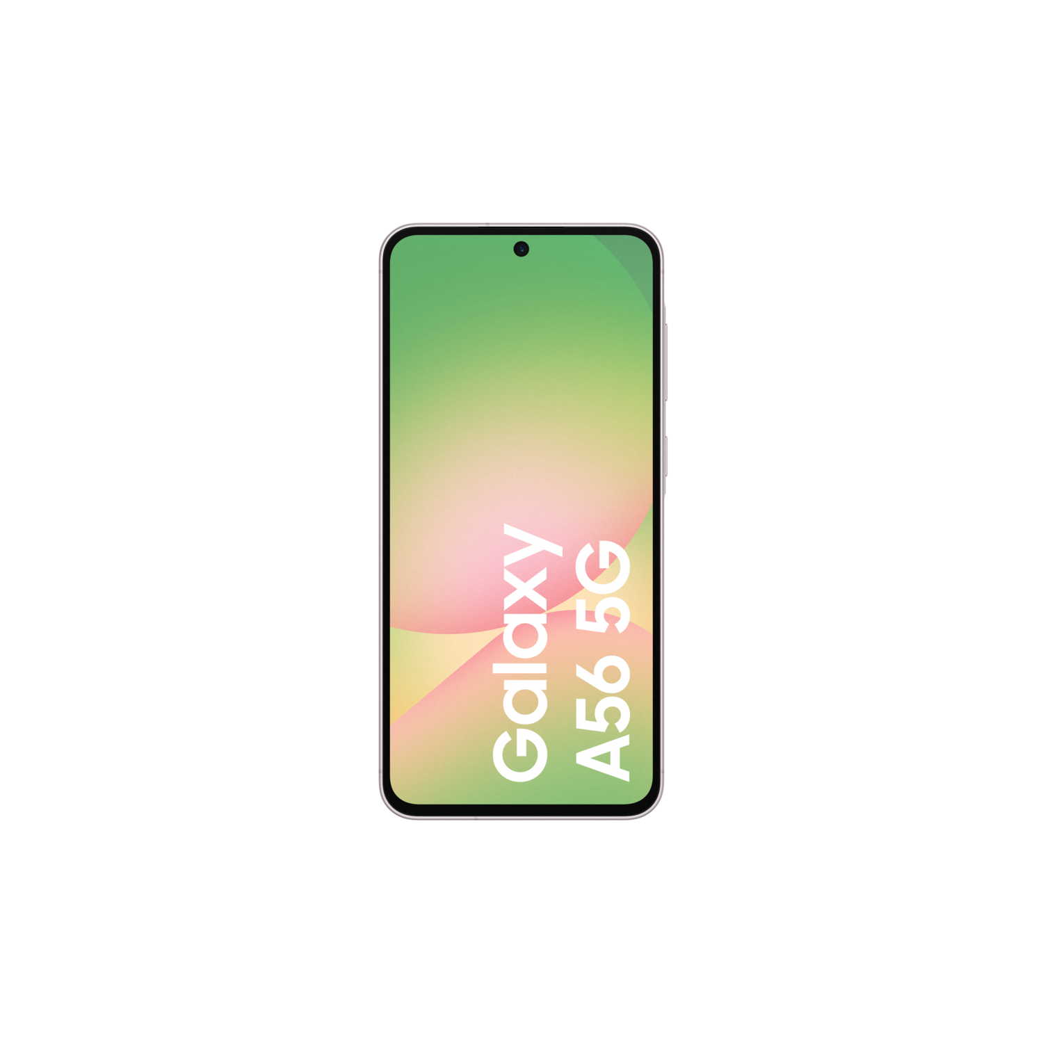 A black smartphone displays a green and pink gradient screen, with Galaxy A56 5G text on a black background.
