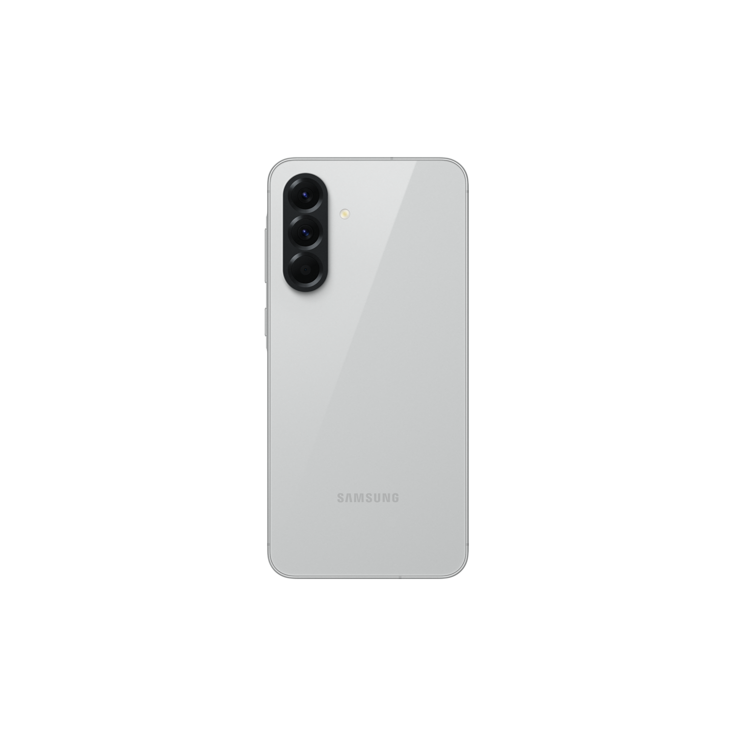 Een witte telefoon op een zwarte achtergrond. De achterkant heeft drie camera's en het Samsung-logo.