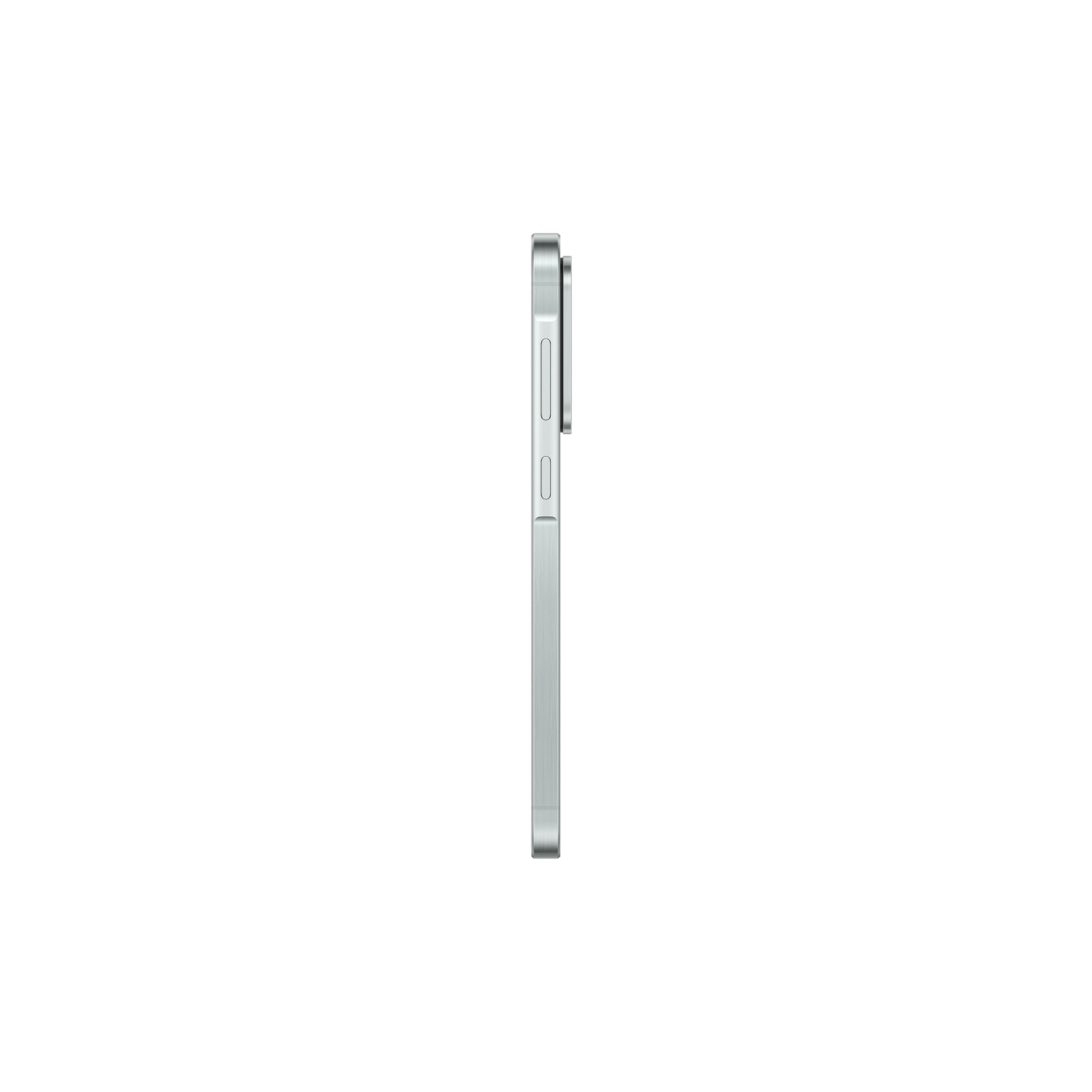 Silver phone, side view, with volume and power buttons.