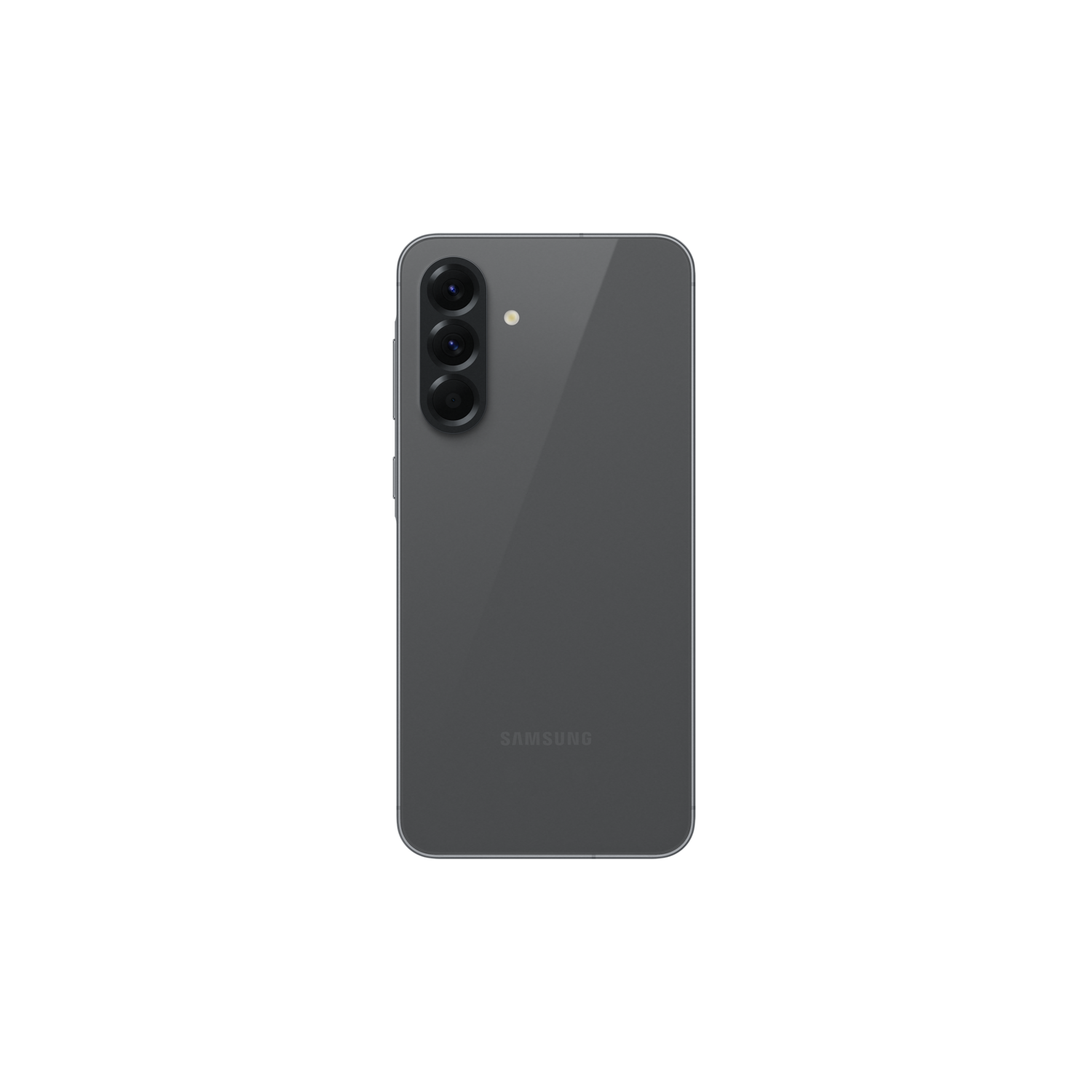 Donkergrijze telefoonachterkant. Drie camera's zijn verticaal uitgelijnd.