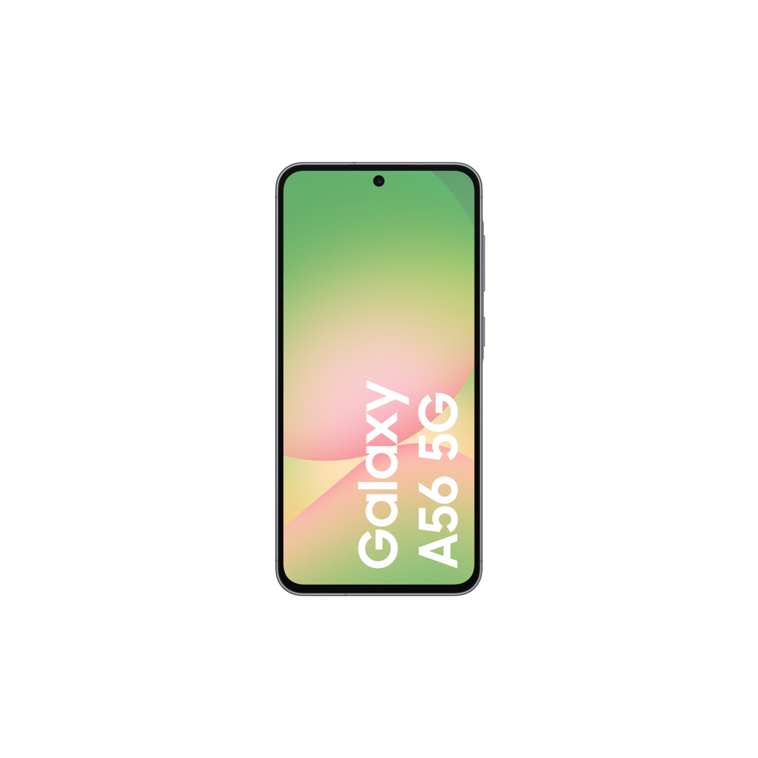 Vooraanzicht van een telefoon met tekst: Galaxy A56 5G. De achtergrond is groen en roze.
