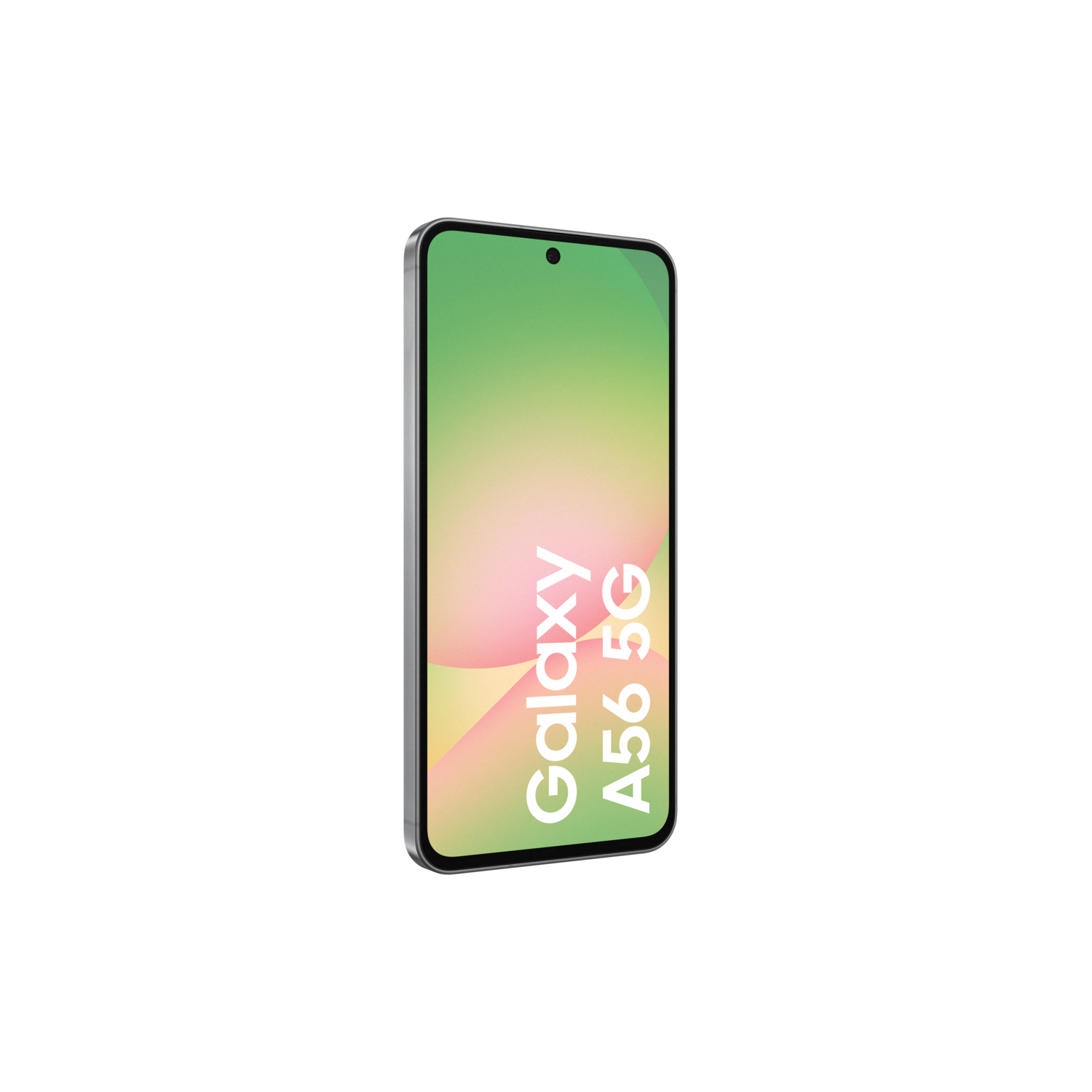 Een smartphone met 'Galaxy A56 5G' op een groene en gele gradiënt.
