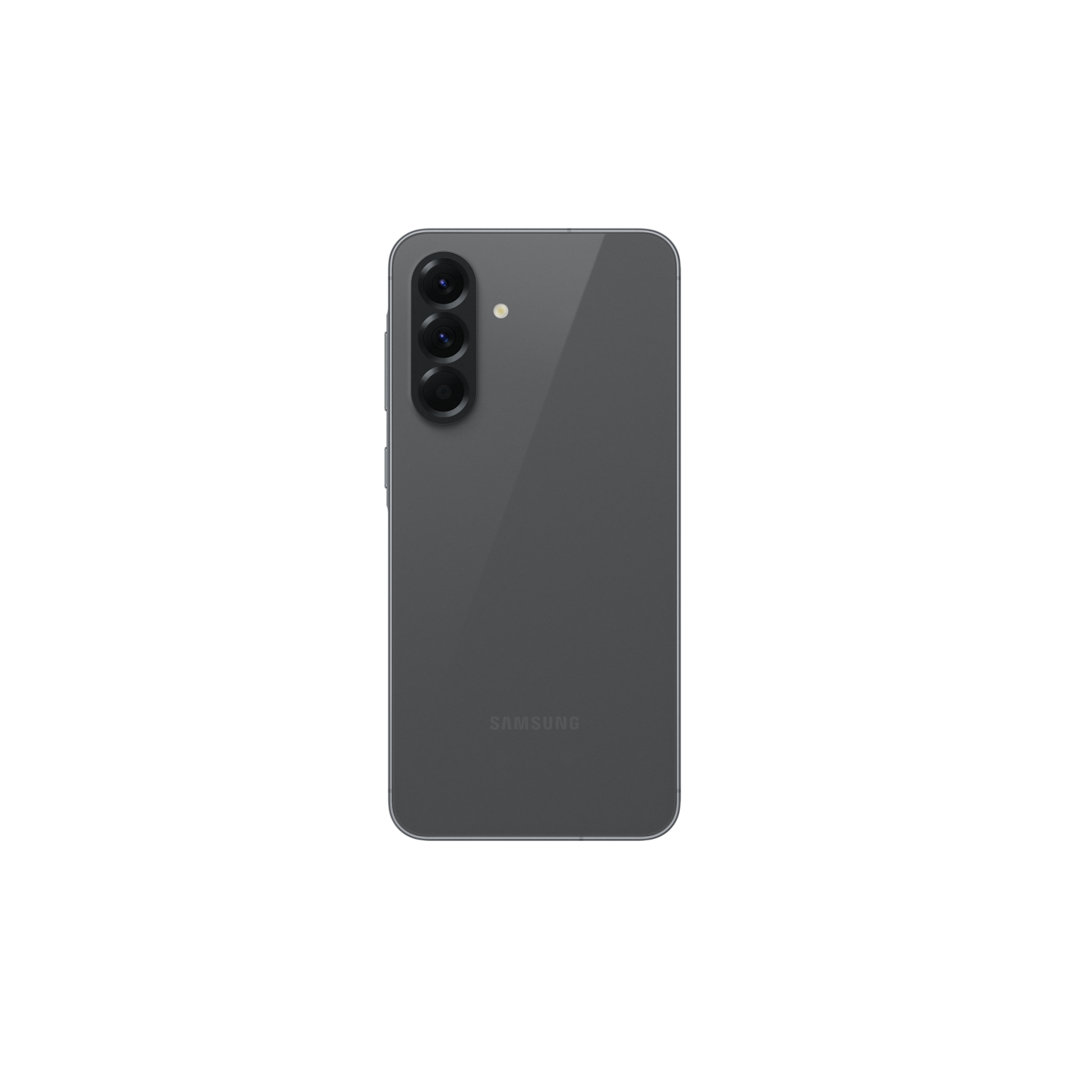 Achterkant van een donkergrijze telefoon met drie camera's en een Samsung logo.