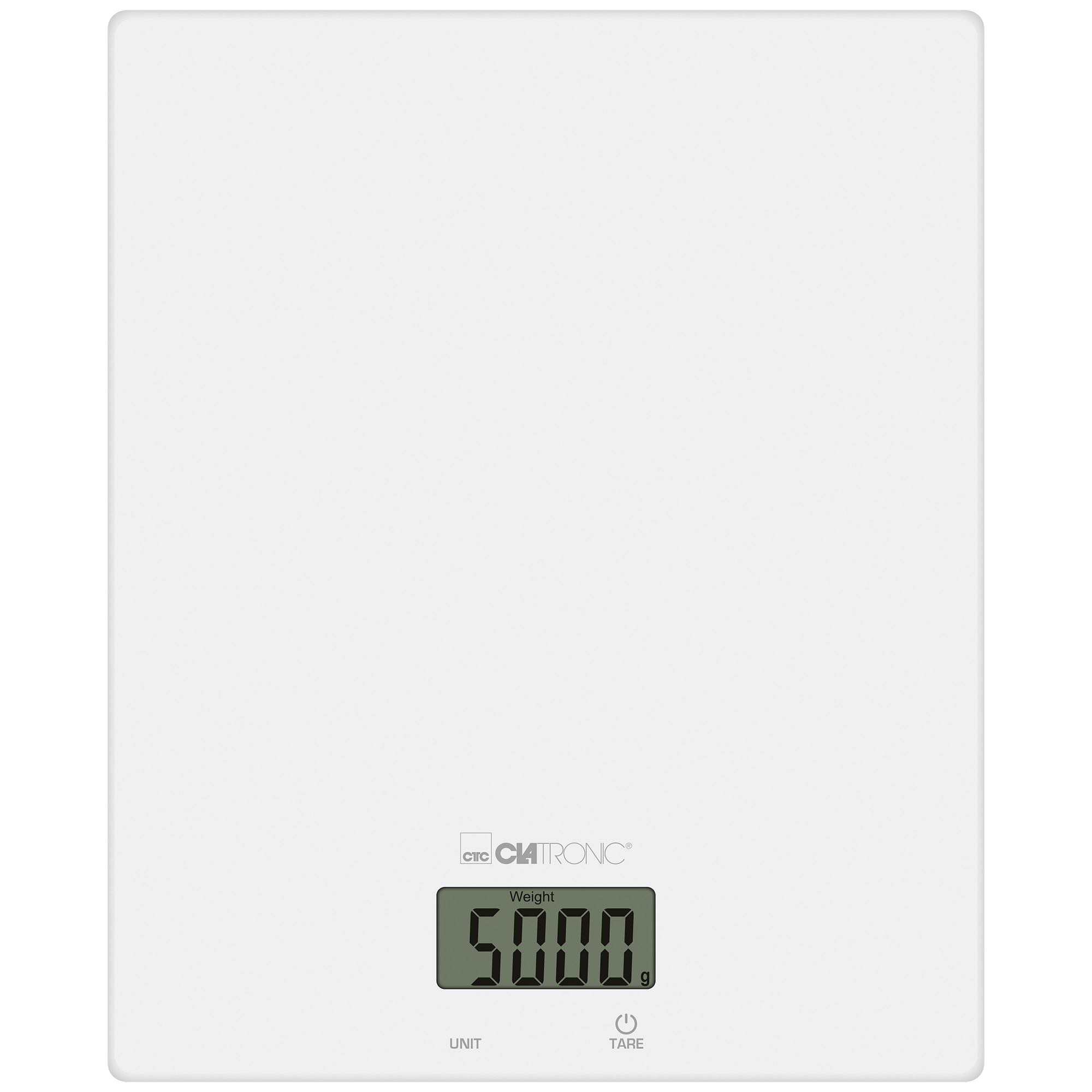 Weiße Küchenwaage mit digitaler Anzeige '5000' Gramm, mit Einheiten- und Tara-Tasten.