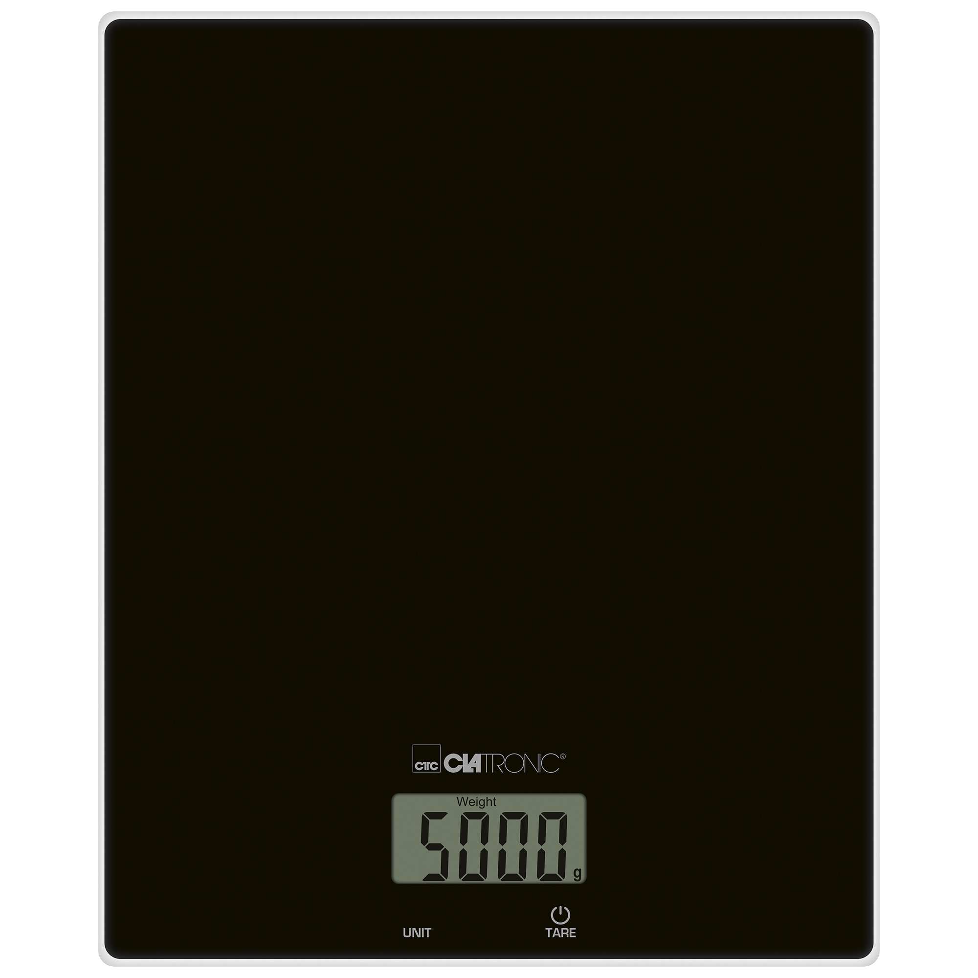 Eine schwarze digitale Küchenwaage, die 5000g anzeigt. Die Waage steht vor schwarzem Hintergrund.