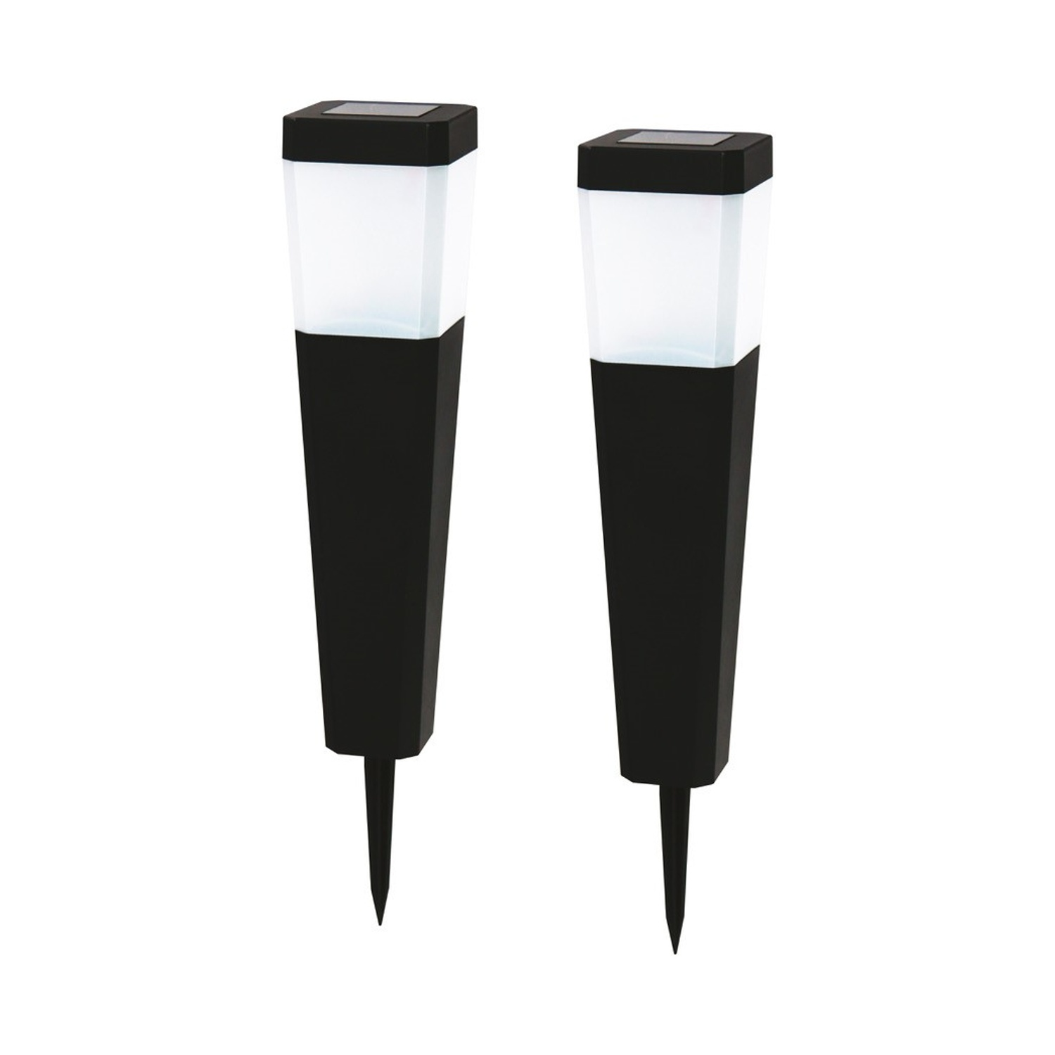 Due luci solari da giardino in bianco e nero. Sono rettangolari con un pannello solare sopra.