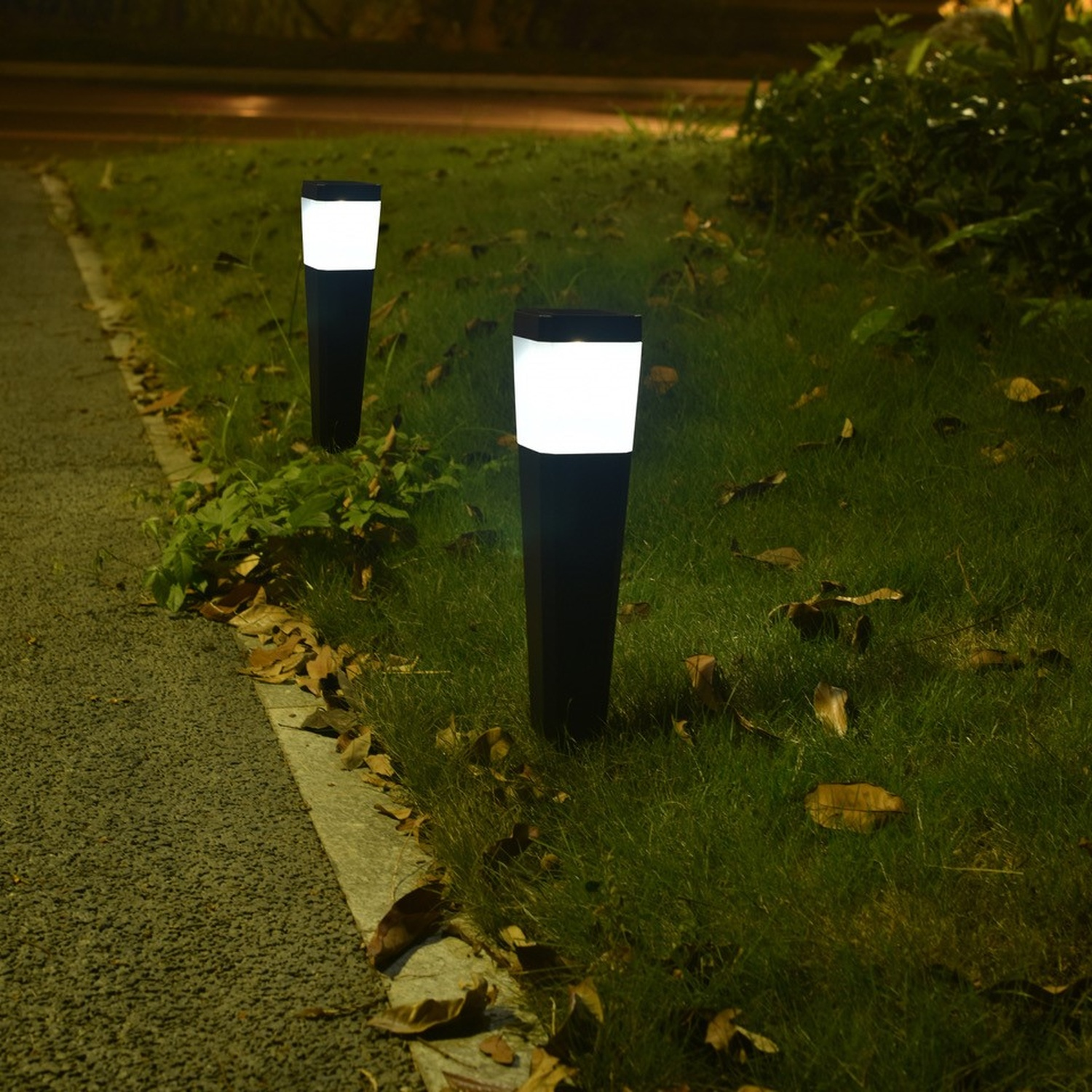 Due luci nere esterne, in un'area erbosa, di notte.