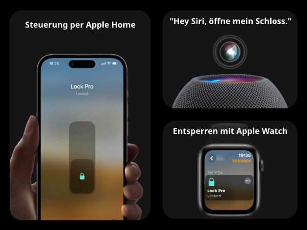 Telefon und Uhr zeigen Smart-Home-Steuerungsoptionen. Das Telefon zeigt eine Schlosssteuerung.