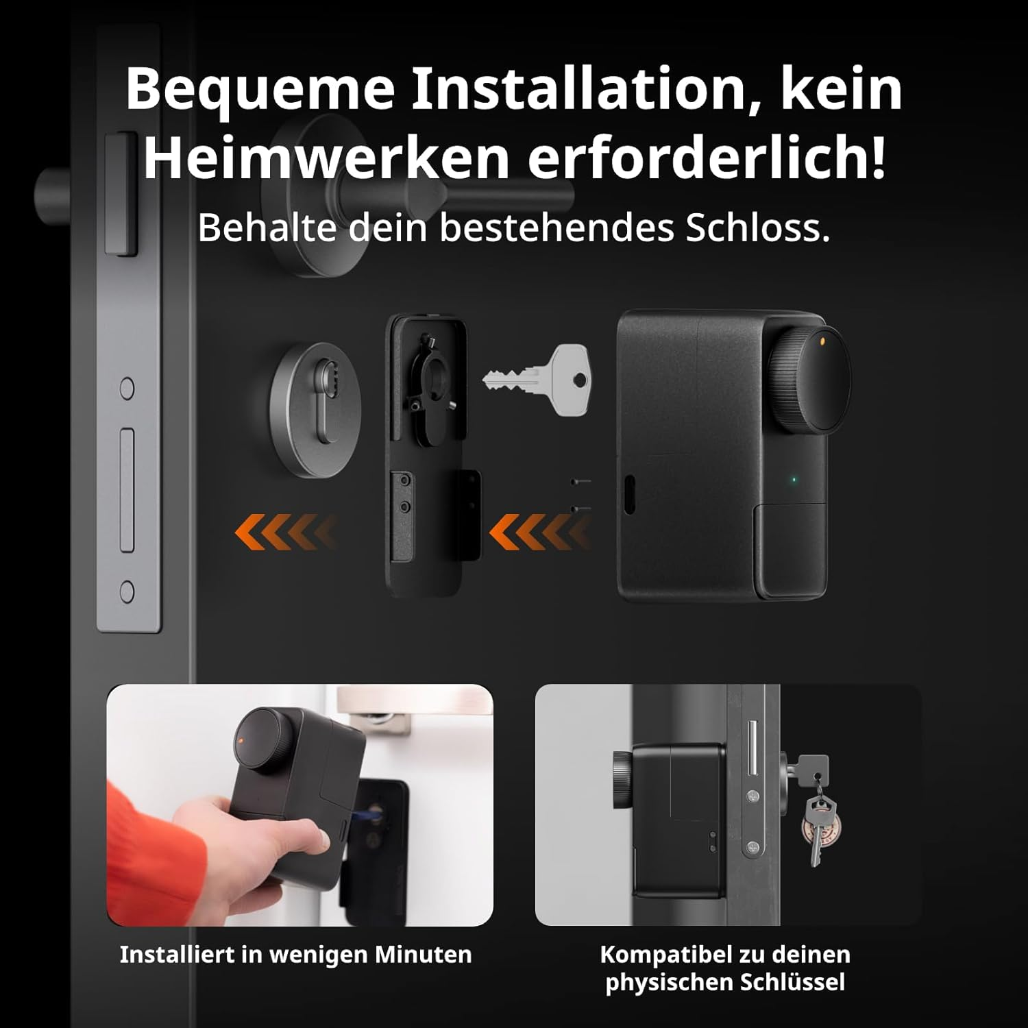 Installationsanleitung für Smart Lock mit Schlüssel und schwarzem Schloss.