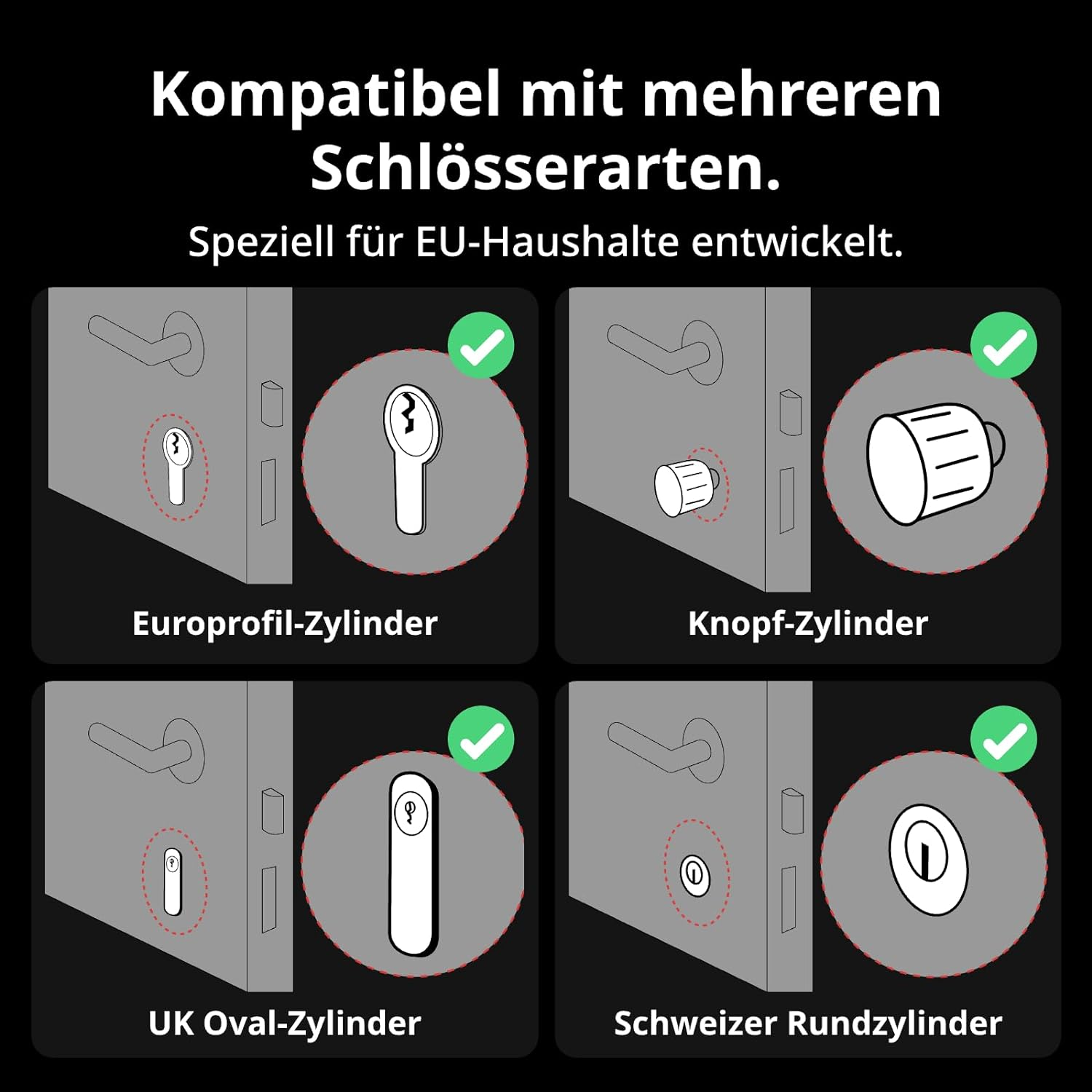 Diagramm von Türschlössern. Vier Beispiele mit Häkchen. Text auf Deutsch.