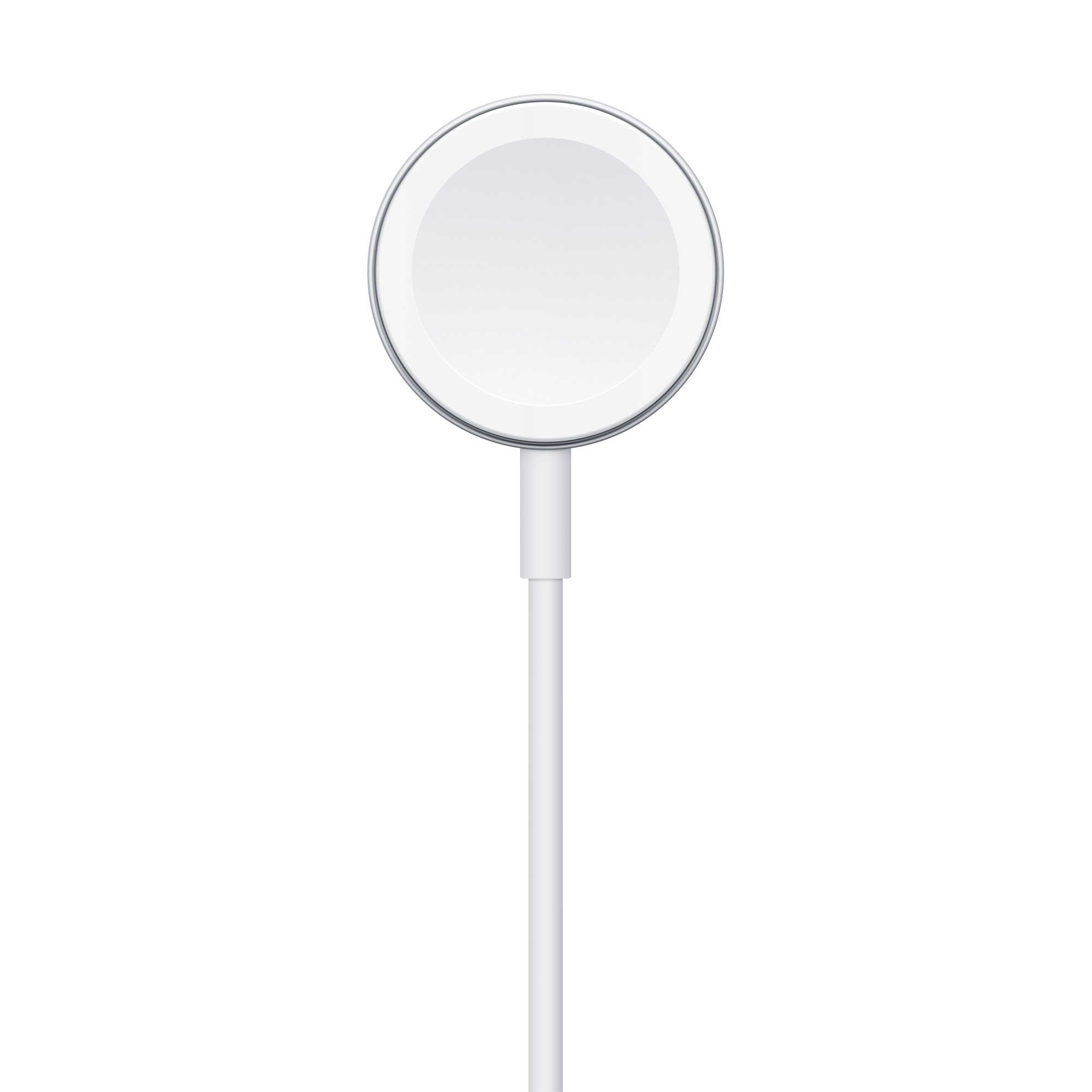 Un cargador blanco de Apple Watch con una almohadilla de carga circular y un cable blanco.