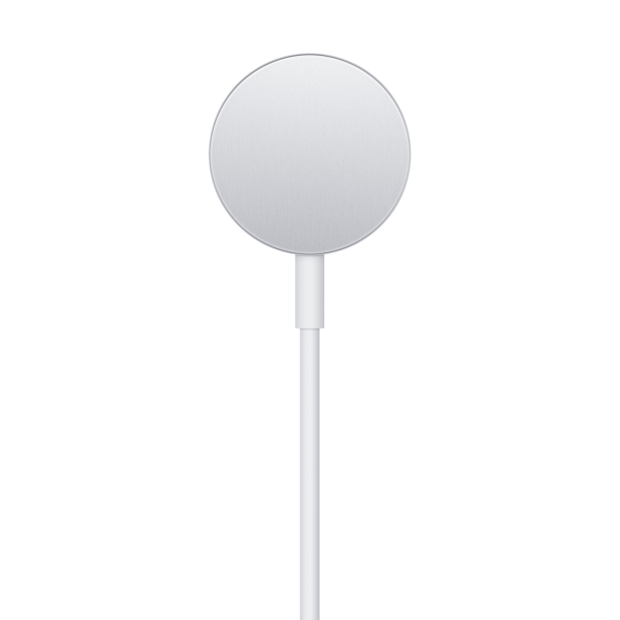 Un cargador MagSafe blanco sobre un fondo blanco.