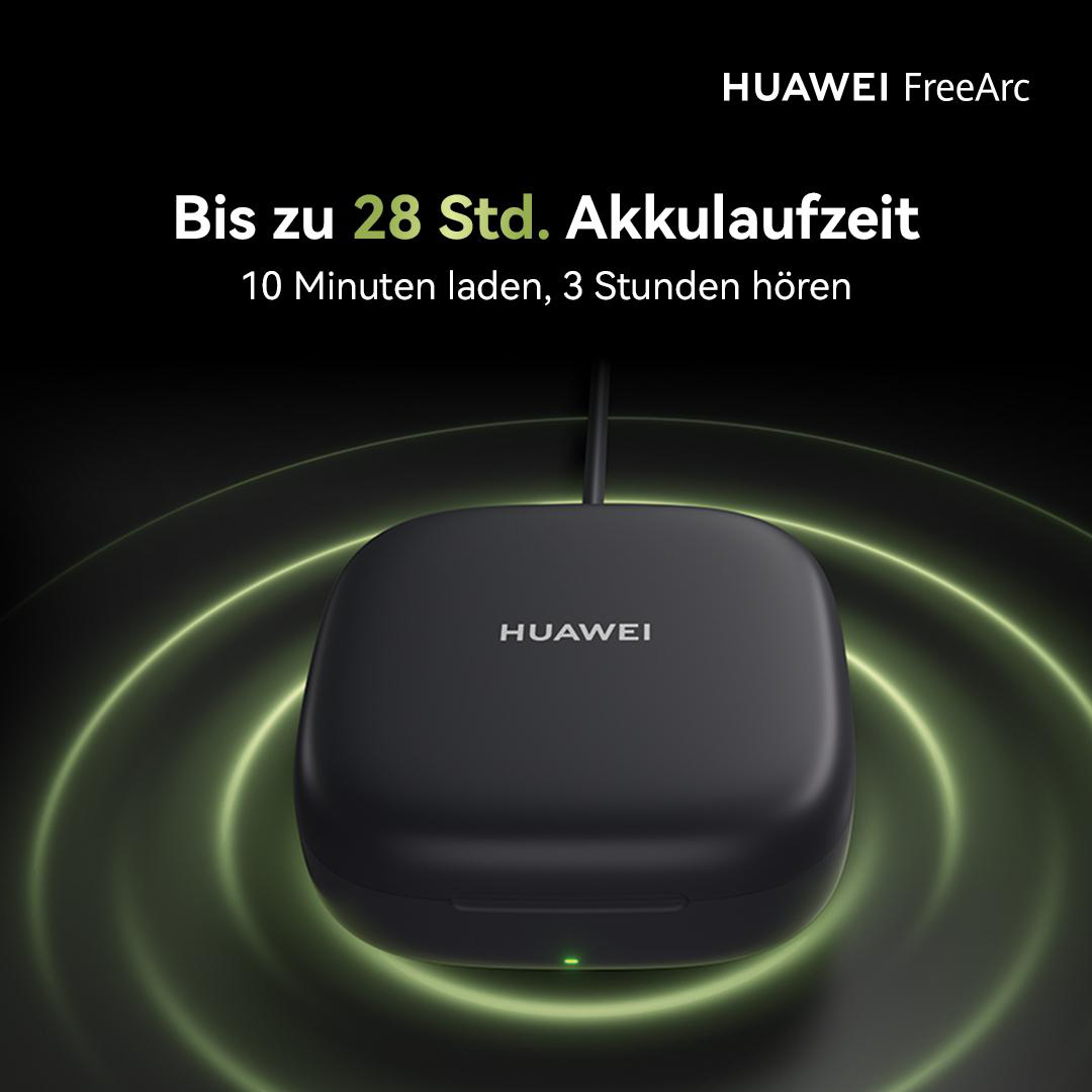 Schwarzes Ladecase mit HUAWEI-Logo und grünem Licht, das das Laden anzeigt.