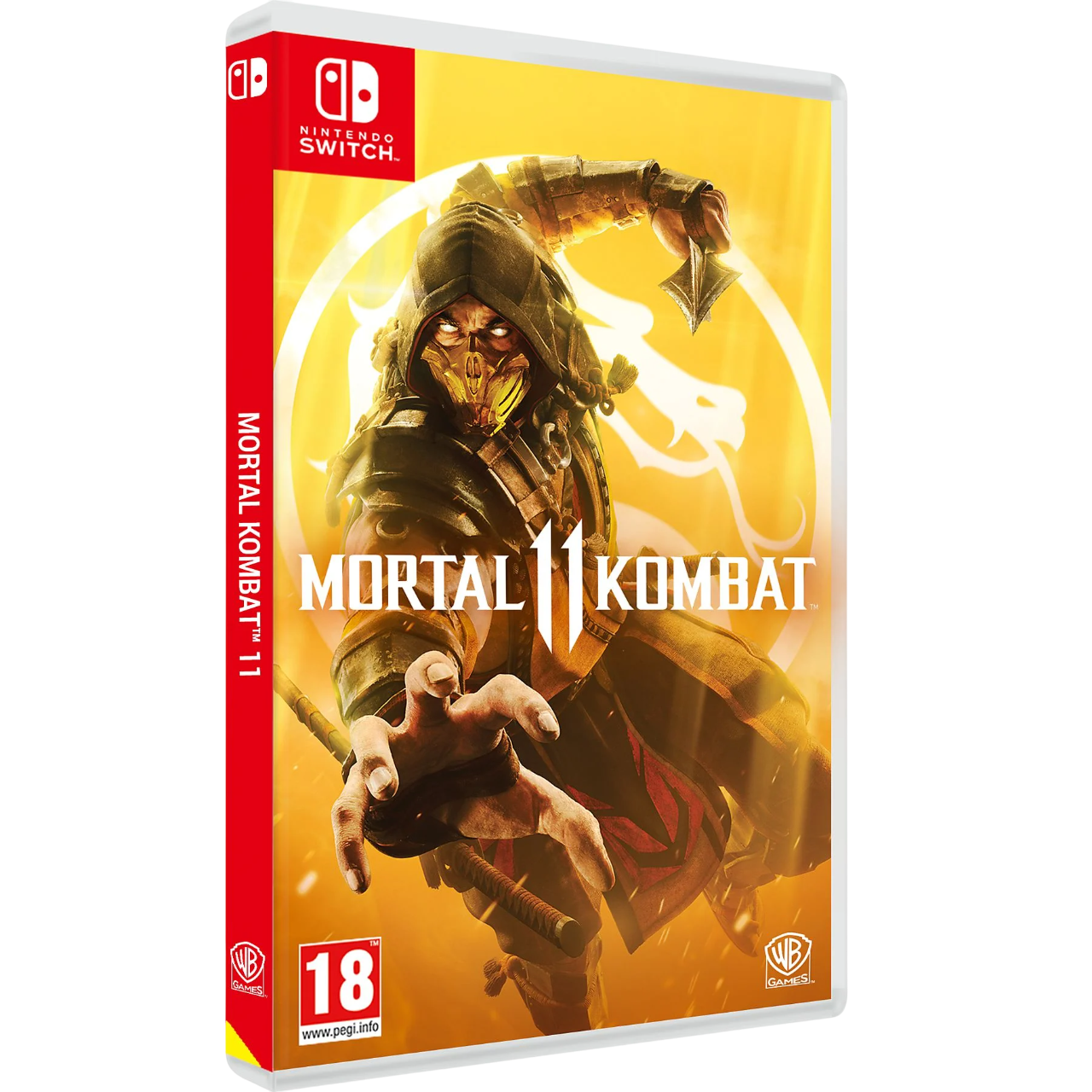 Nintendo Switch oyun kutusu: 'Mortal Kombat 11', sarı maskeli bir karakterle.