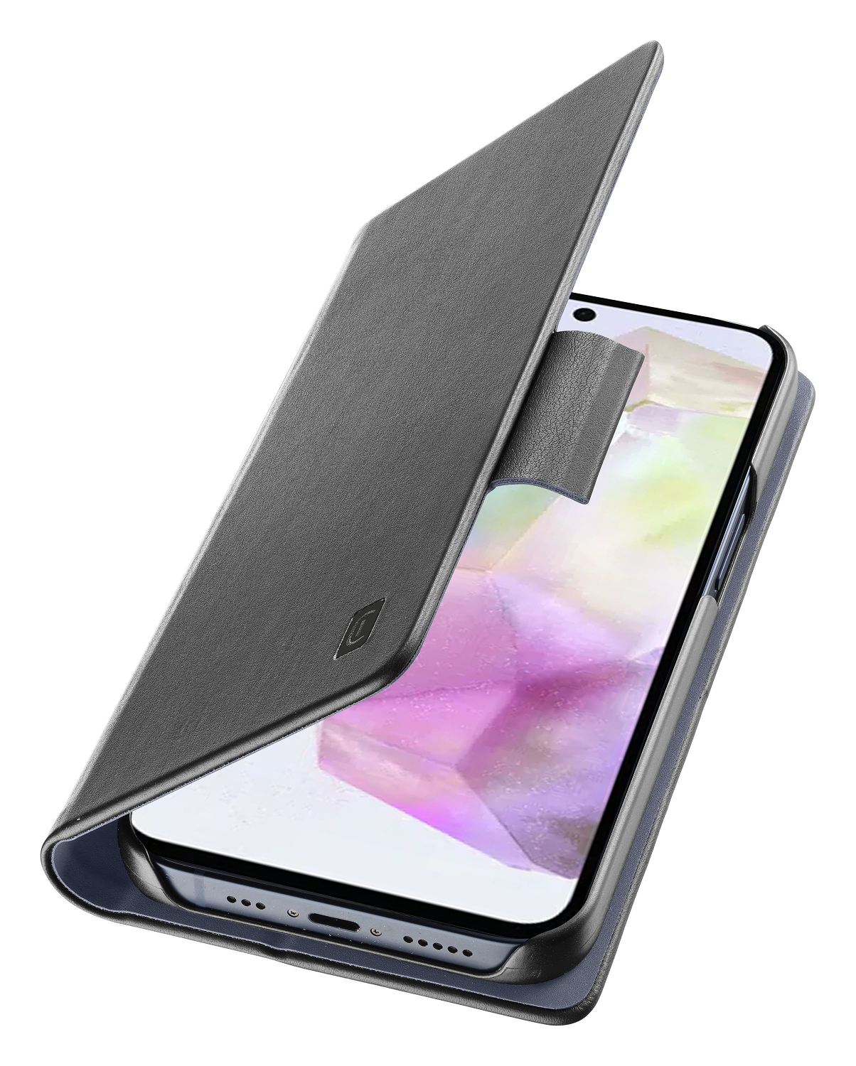 Un teléfono negro en una funda gris, la cubierta de la funda está abierta.
