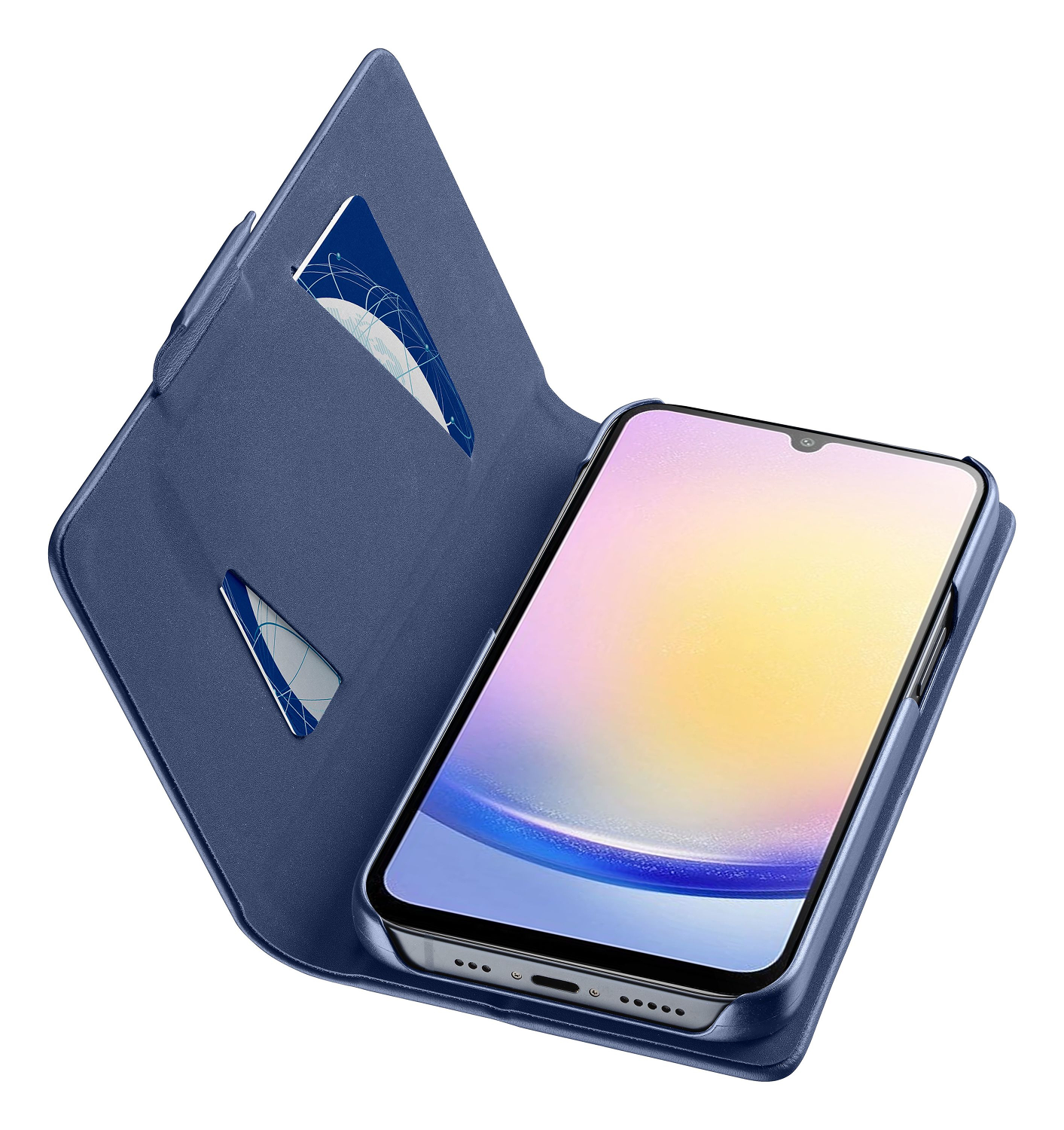 Un smartphone en una funda azul, con la pantalla mostrando un degradado colorido. La funda está abierta.