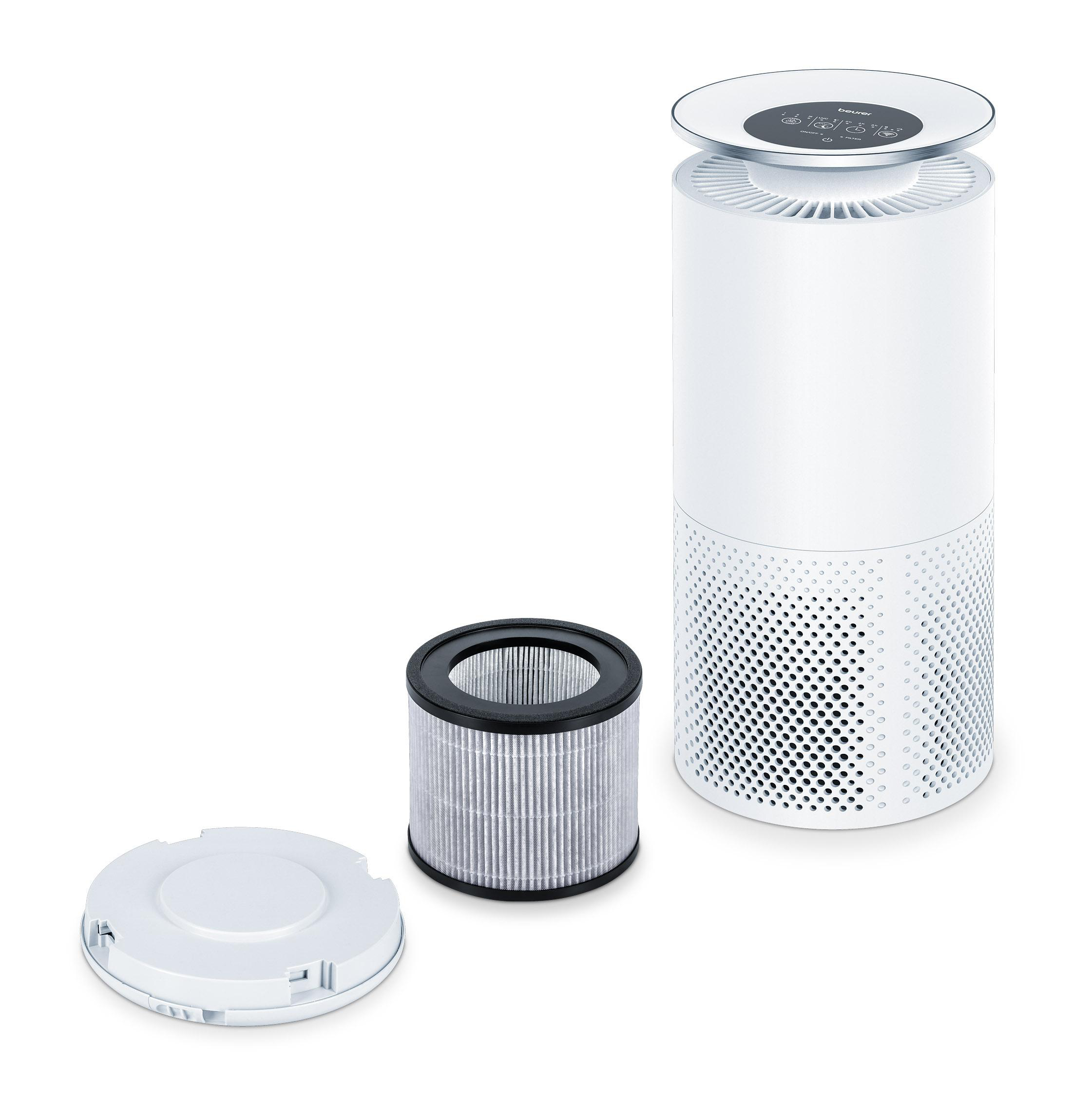 Weißer Luftreiniger mit Filter und Deckel auf weißer Oberfläche.