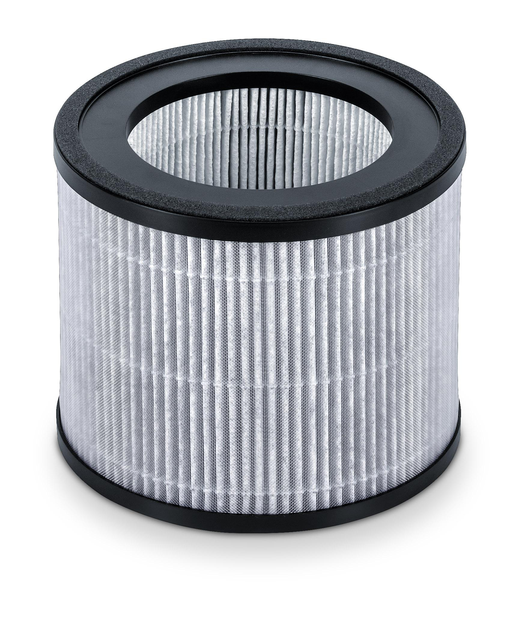 Luftfilter auf weißem Hintergrund. Schwarzer Rahmen, weißer Filter. Zylindrische Form. Obere und untere schwarze Ringe.